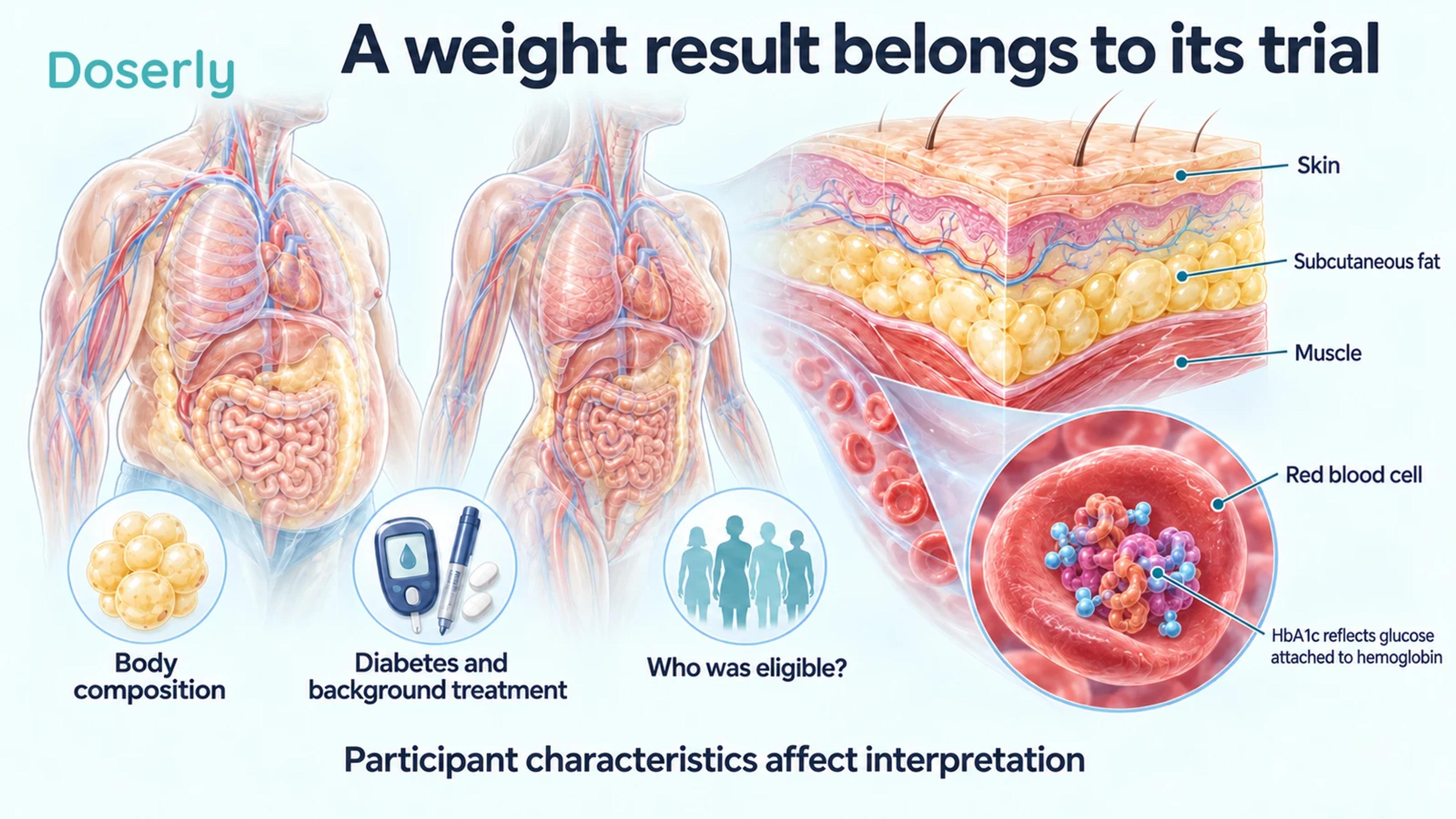 Medical-atlas torsos, a labeled skin-fat-muscle cutaway and red blood cell illustrate trial population and measurement differences.