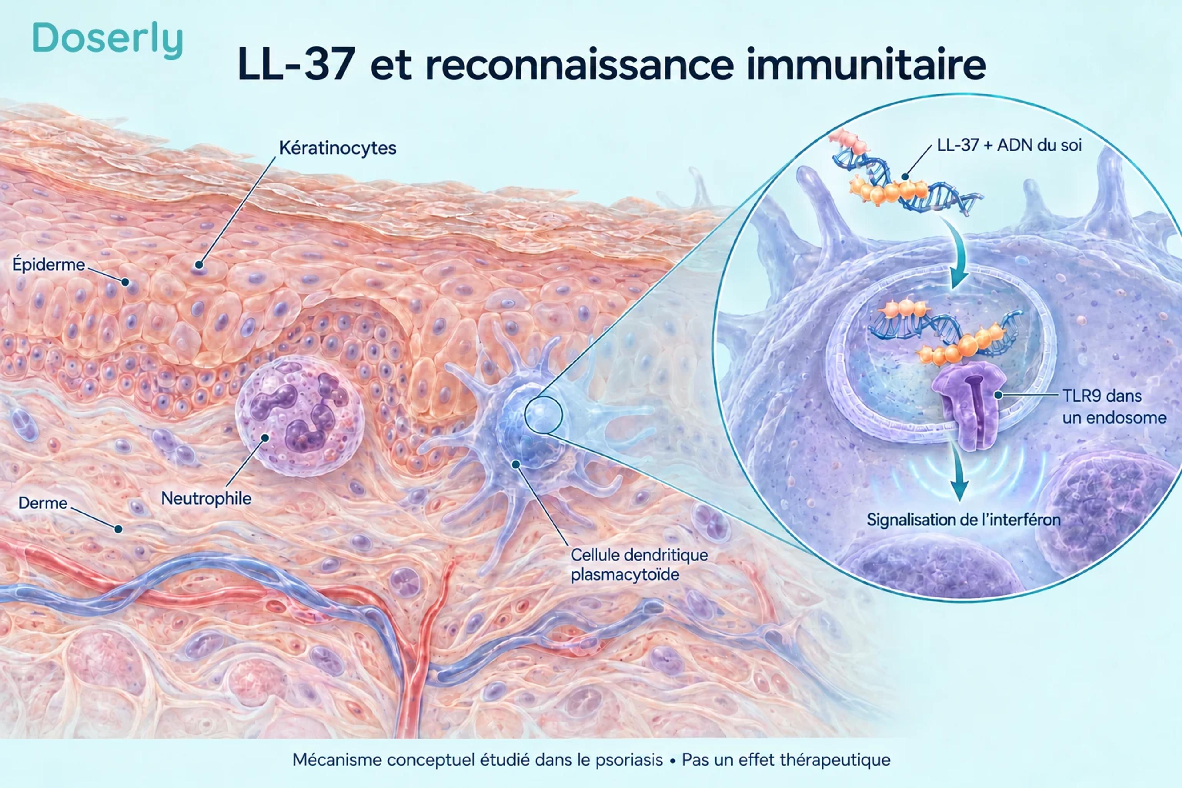 Cellules cutanées et immunitaires avec une illustration agrandie du LL-37 et de l’ADN du soi entrant dans l’endosome d’une cellule dendritique.