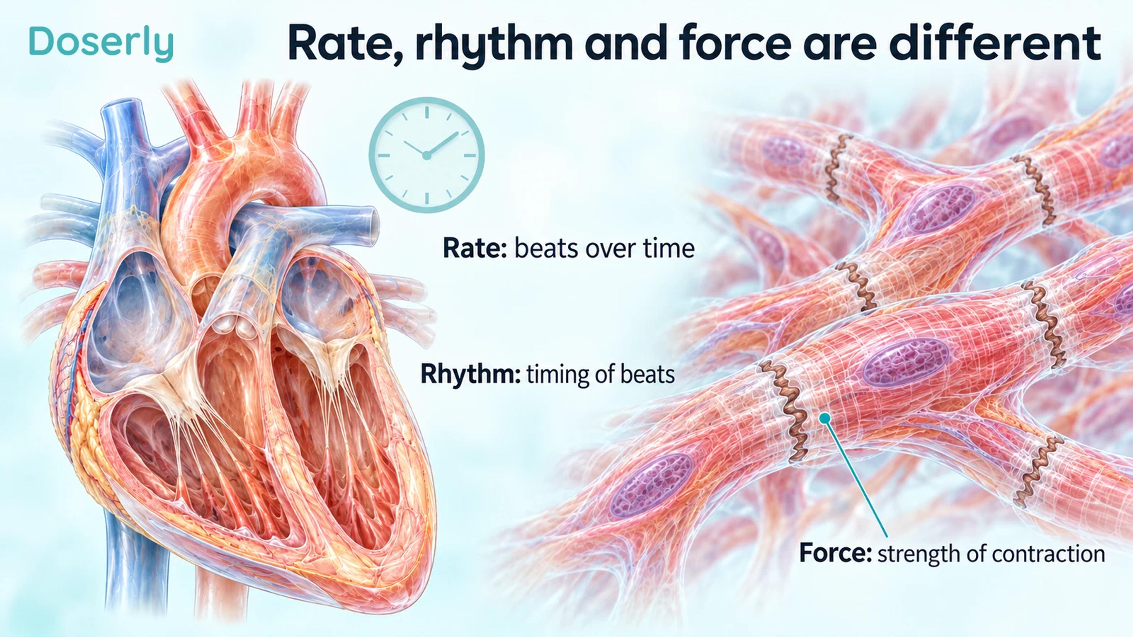 Translucent heart and branching cardiac muscle cells beside definitions of rate, rhythm and force