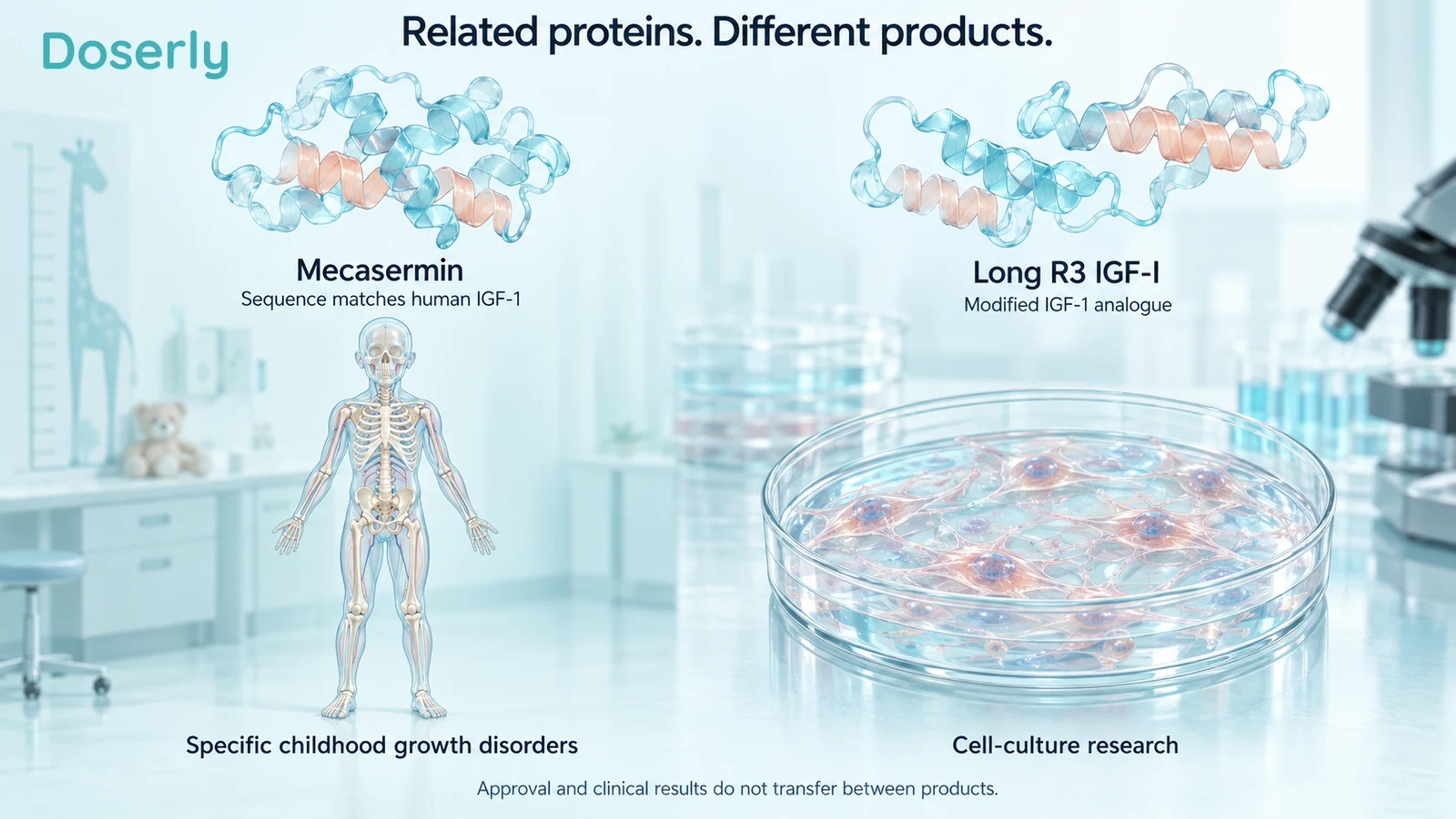 Conceptual IGF protein ribbons beside childhood skeletal anatomy and cultured cells
