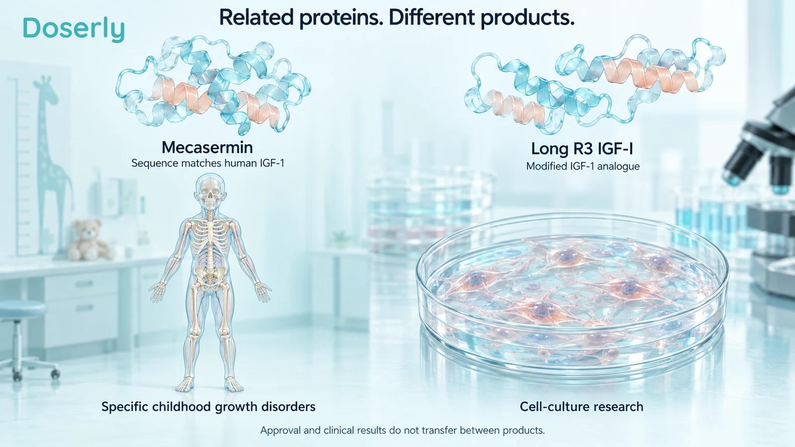 Conceptual IGF protein ribbons beside childhood skeletal anatomy and cultured cells