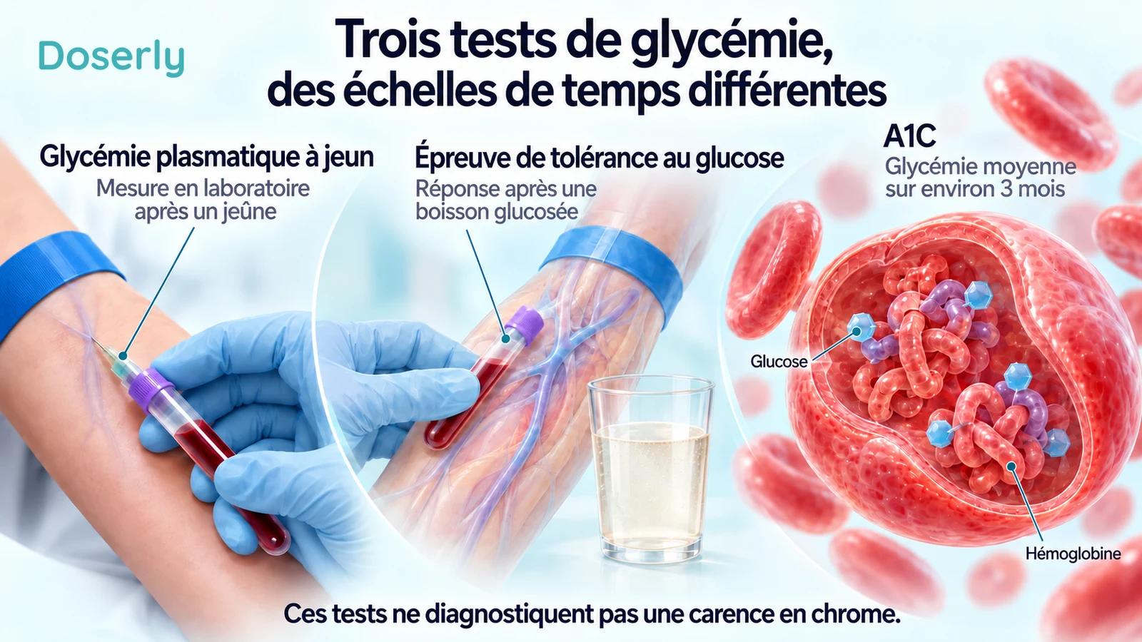 Illustration de prélèvements veineux destinés à mesurer la glycémie plasmatique à jeun, d’une épreuve de tolérance au glucose et d’un globule rouge agrandi expliquant l’A1C.