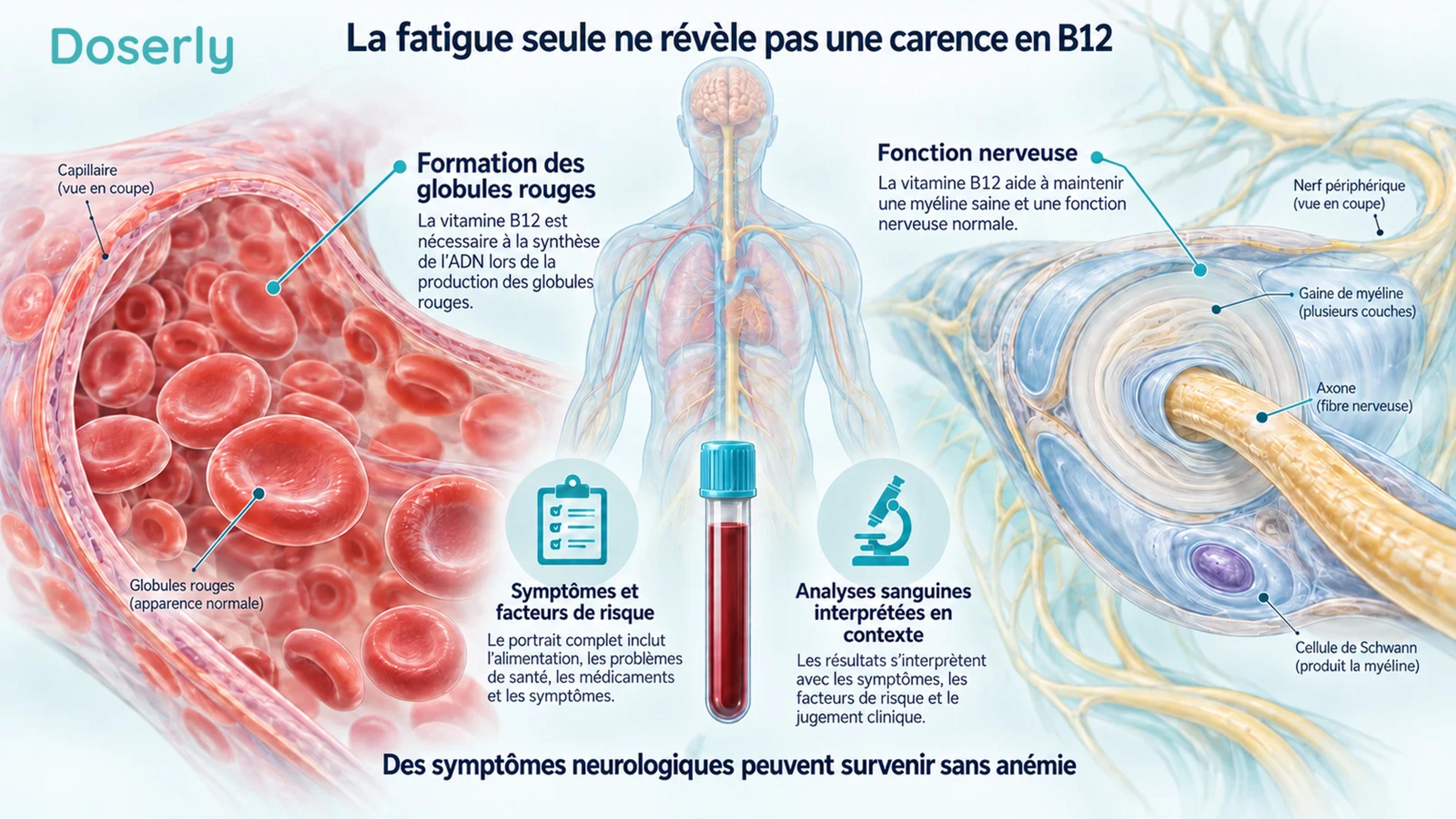 Illustration de globules rouges normaux et d’un nerf myélinisé à côté d’un échantillon sanguin et de libellés d’évaluation clinique.