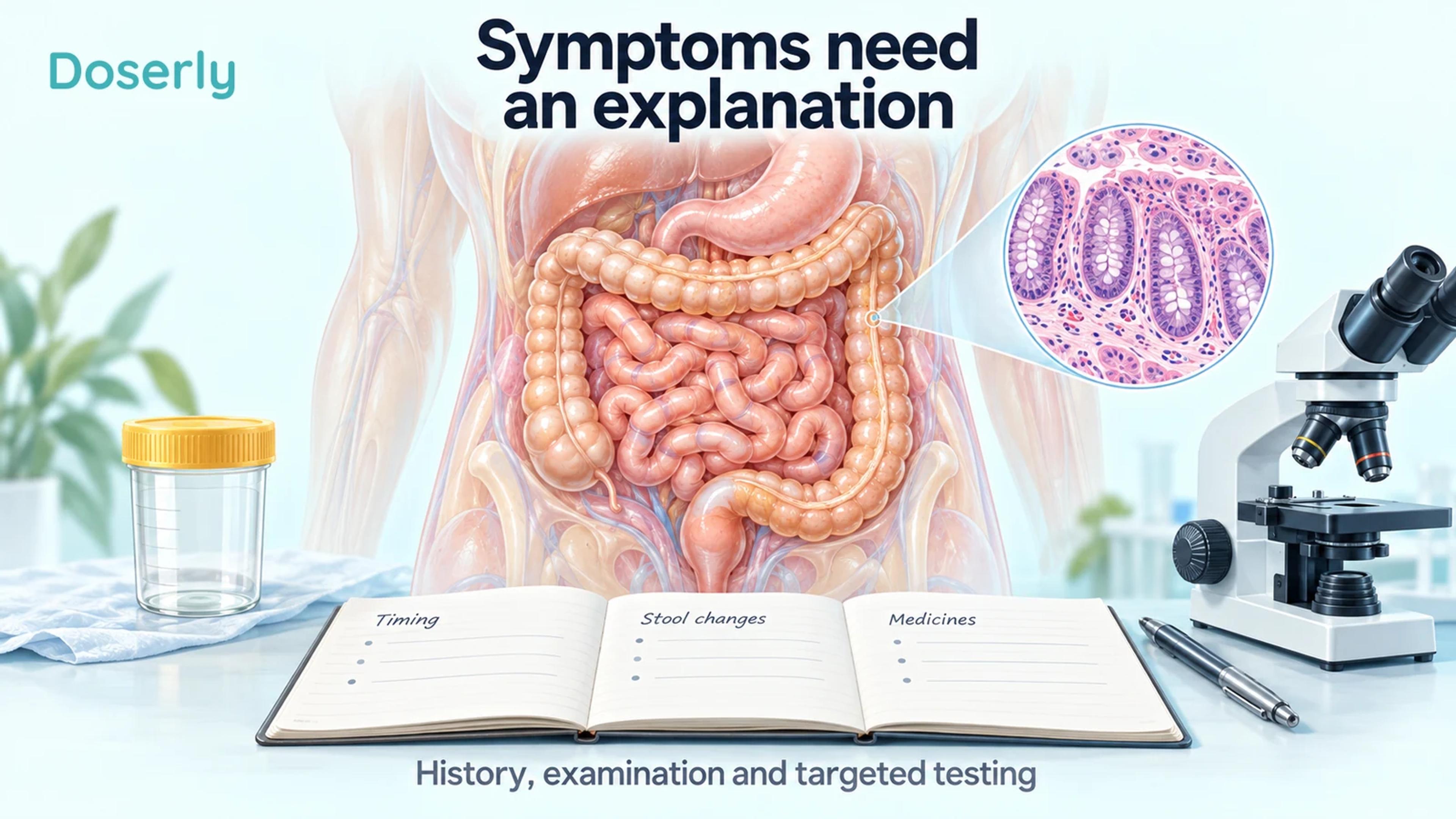 Digestive anatomy beside a notebook, specimen container and microscope illustrating clinical assessment.