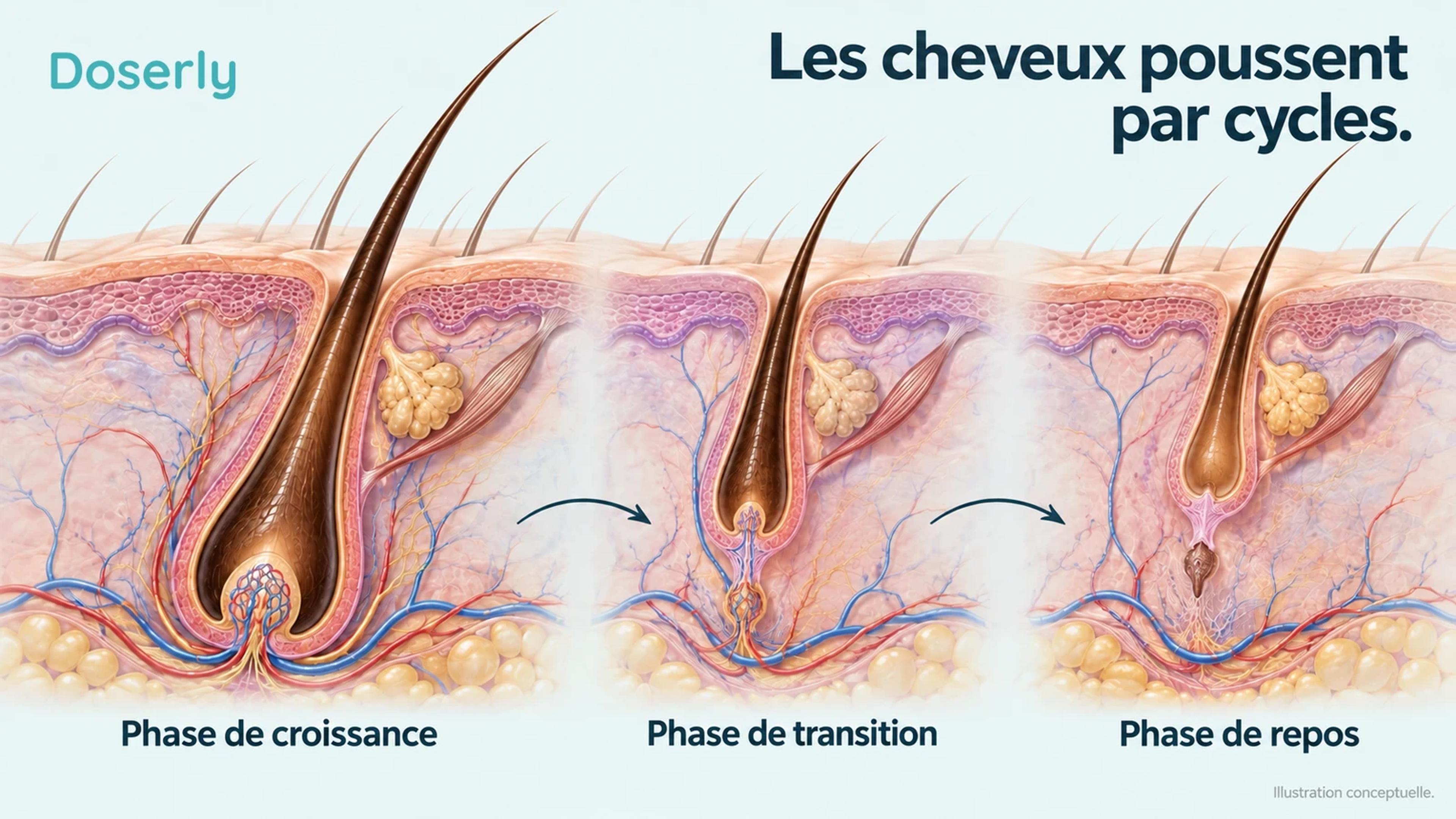 Trois modèles détaillés de follicules du cuir chevelu montrent les phases de croissance, de transition et de repos du cycle capillaire.