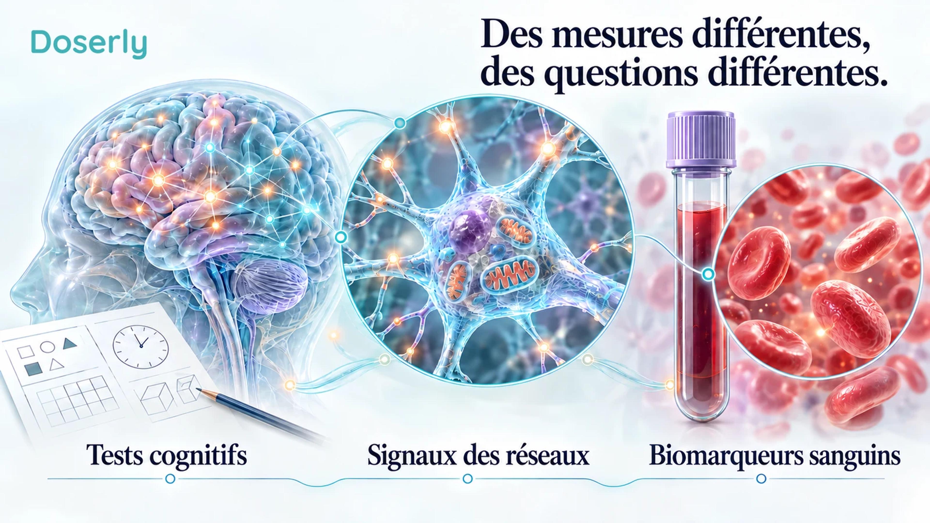 Un cerveau translucide à côté d’un neurone agrandi et d’un échantillon de sang, avec des libellés distincts pour les tests cognitifs, les signaux des réseaux et les biomarqueurs sanguins.