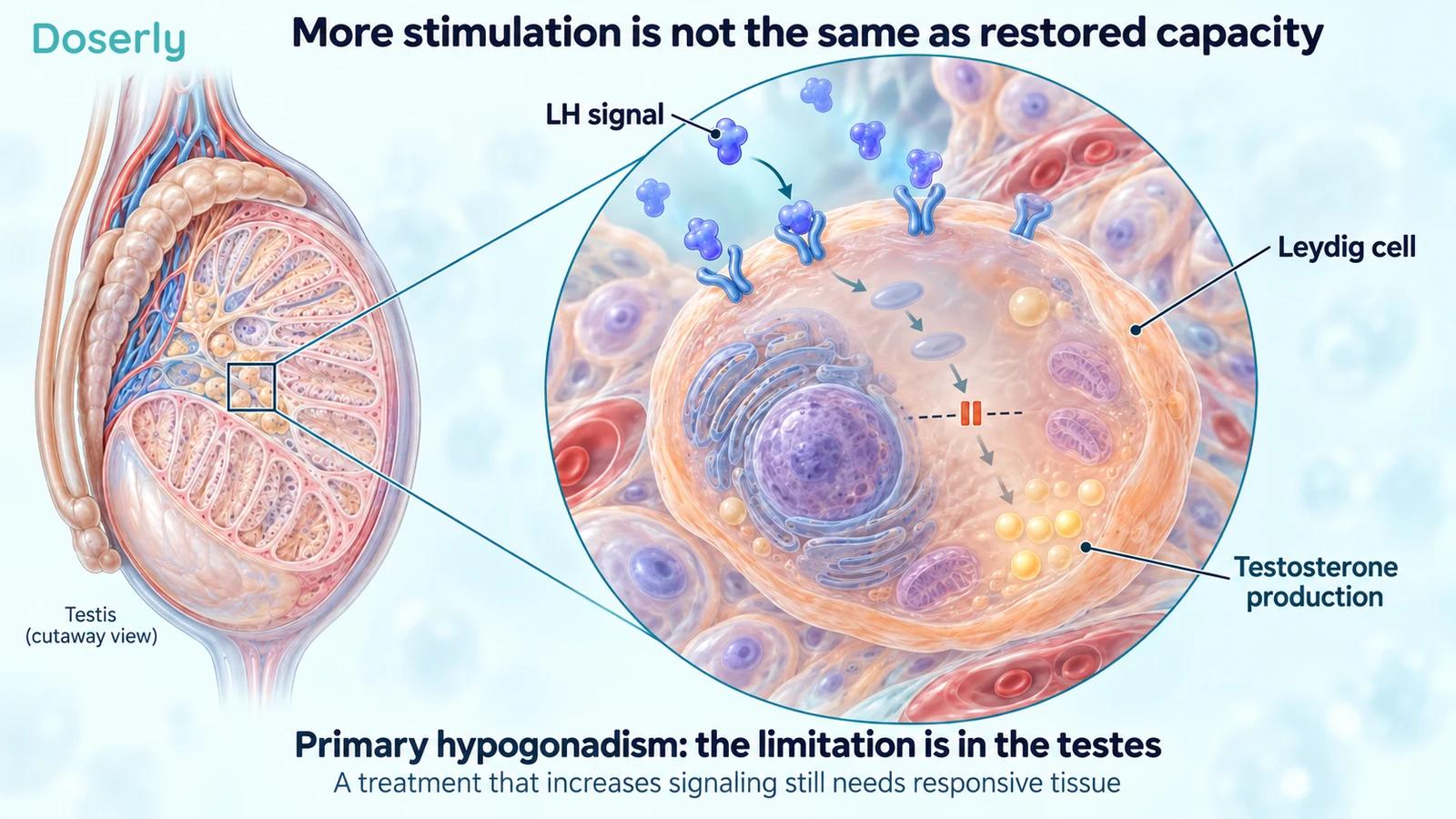 A detailed Leydig-cell inset shows an LH signal reaching its receptor while the conceptual testosterone-production pathway remains limited.