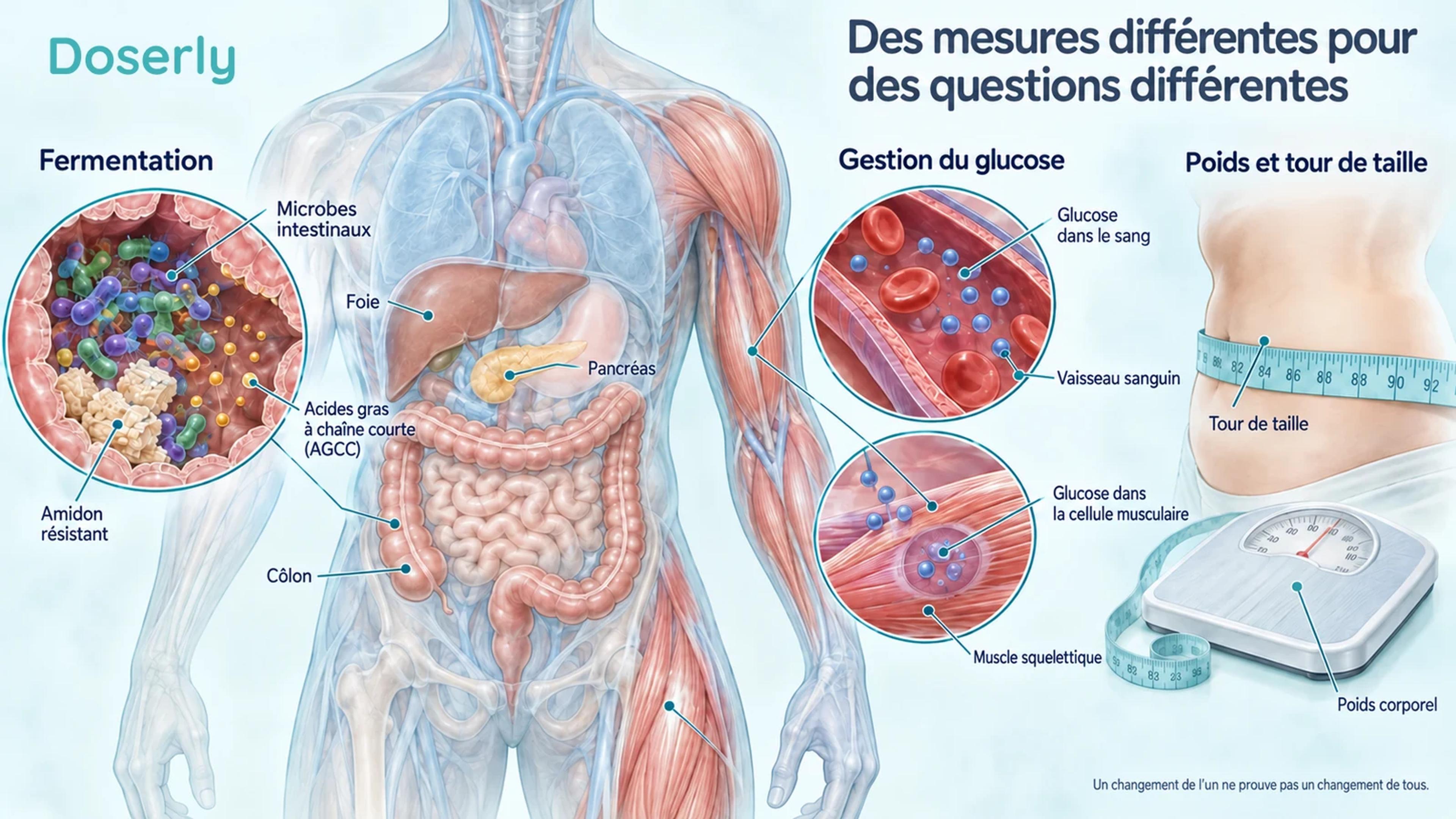 Vues distinctes de la fermentation dans le côlon, du glucose dans le sang et les muscles, et de la mesure du poids et du tour de taille.