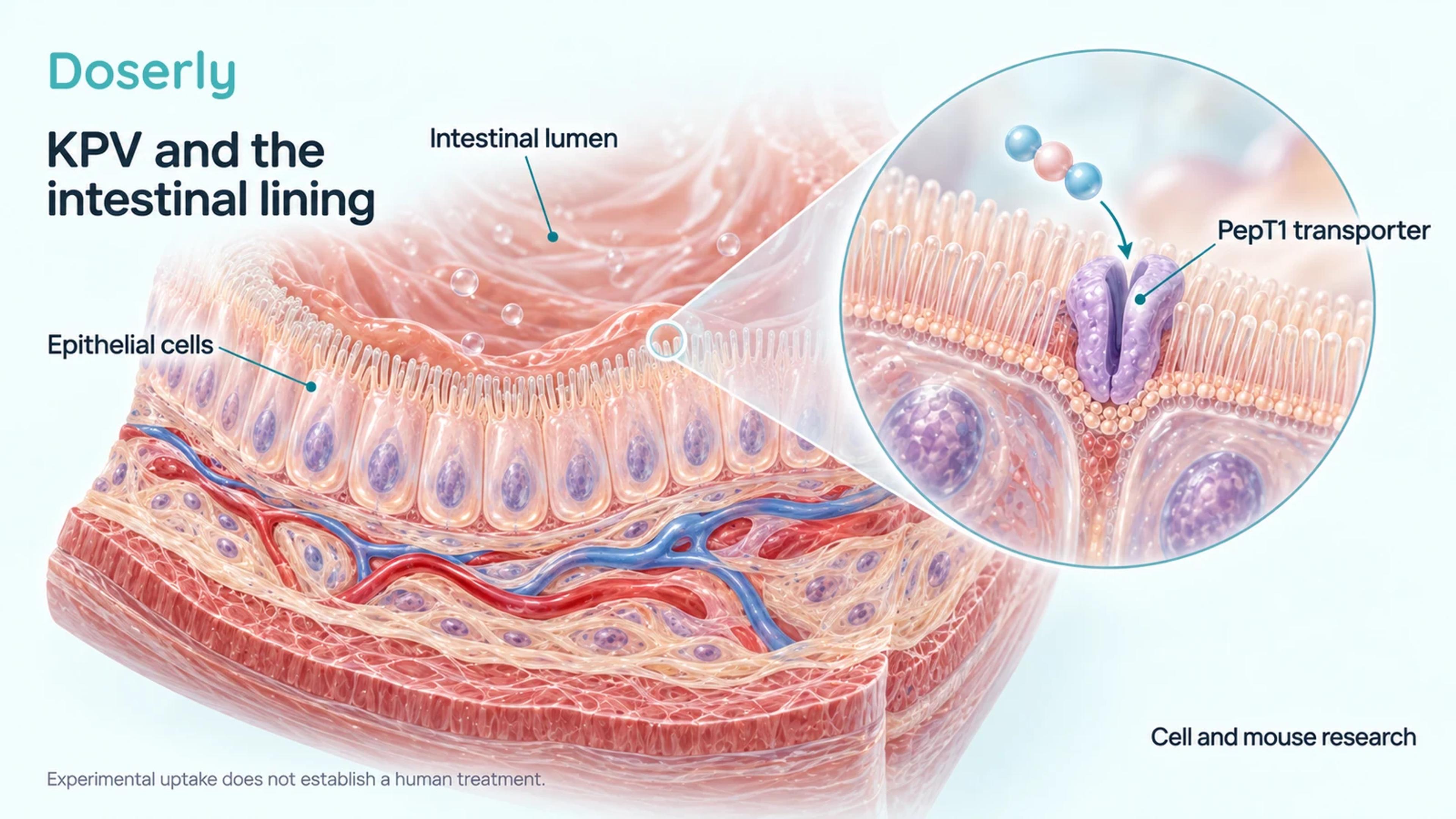Conceptual intestinal tissue with epithelial cells and a magnified PepT1 transporter, illustrating experimental uptake of KPV.