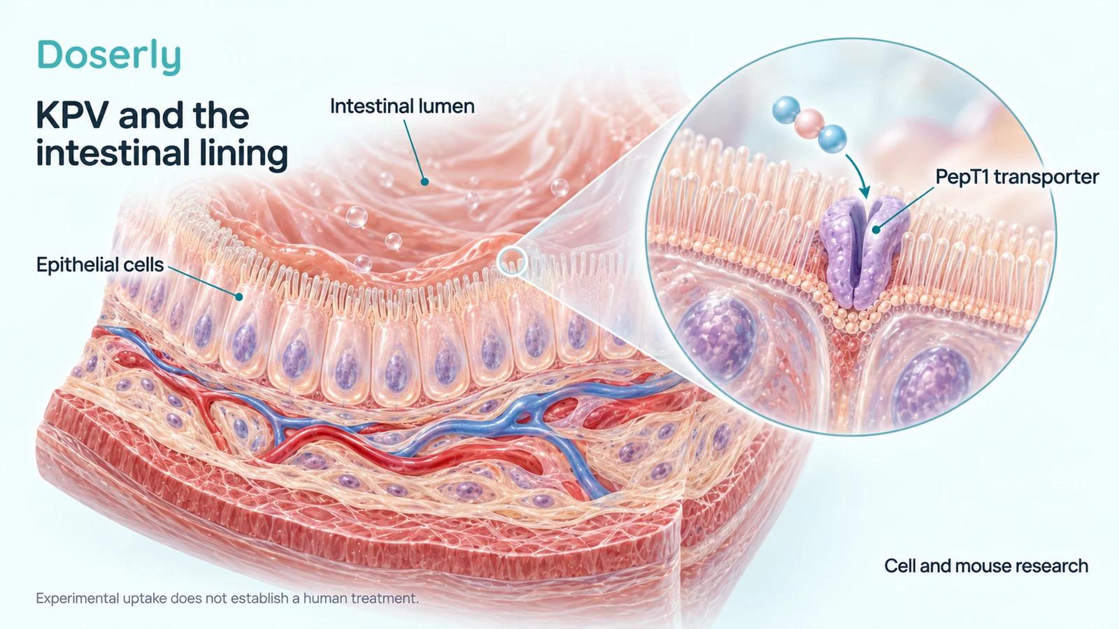 Conceptual intestinal tissue with epithelial cells and a magnified PepT1 transporter, illustrating experimental uptake of KPV.