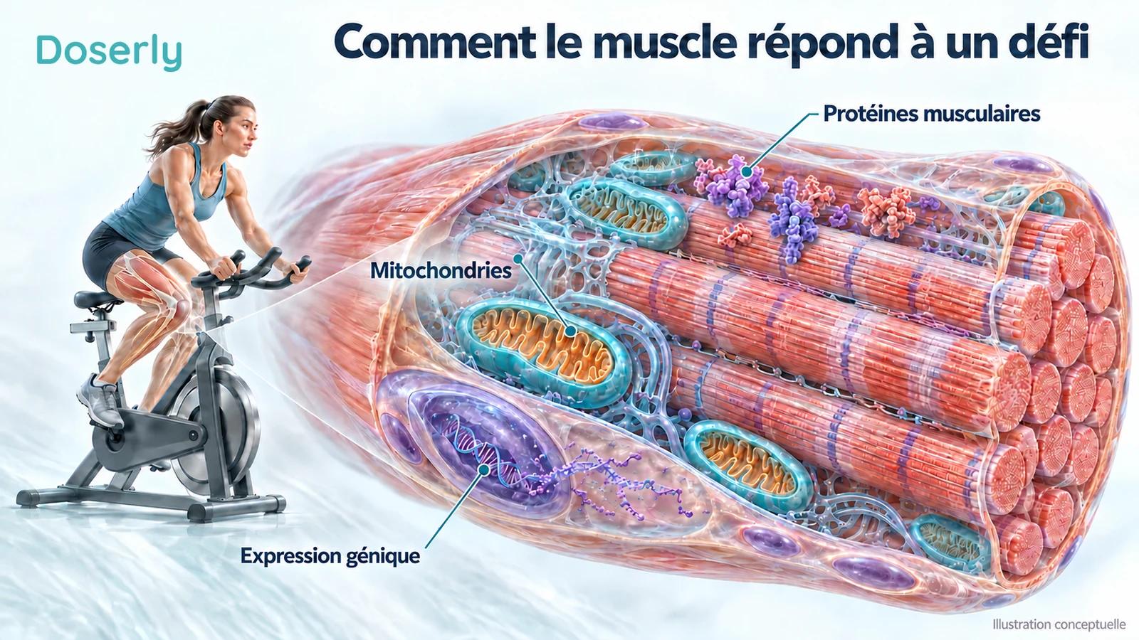 Fibre musculaire squelettique détaillée, mitochondries et noyau cellulaire illustrant l’adaptation des tissus à l’exercice et aux médicaments.