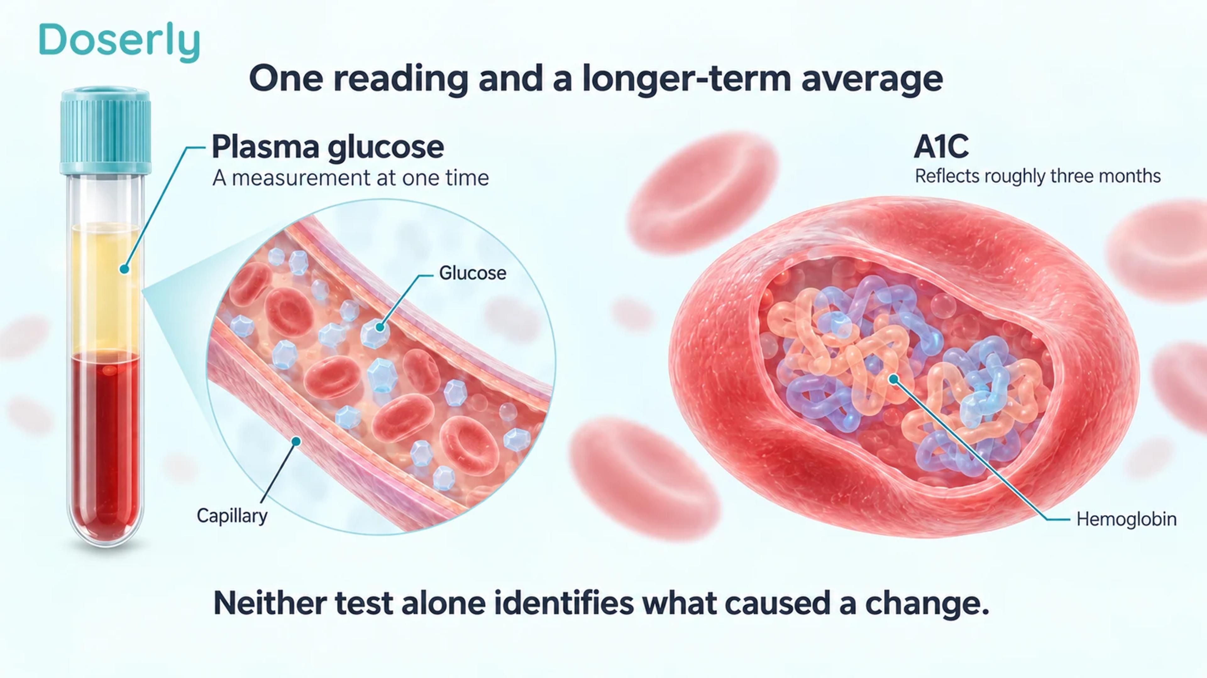 A blood sample and capillary illustrate plasma glucose, while a red blood cell cutaway illustrates hemoglobin and A1C.