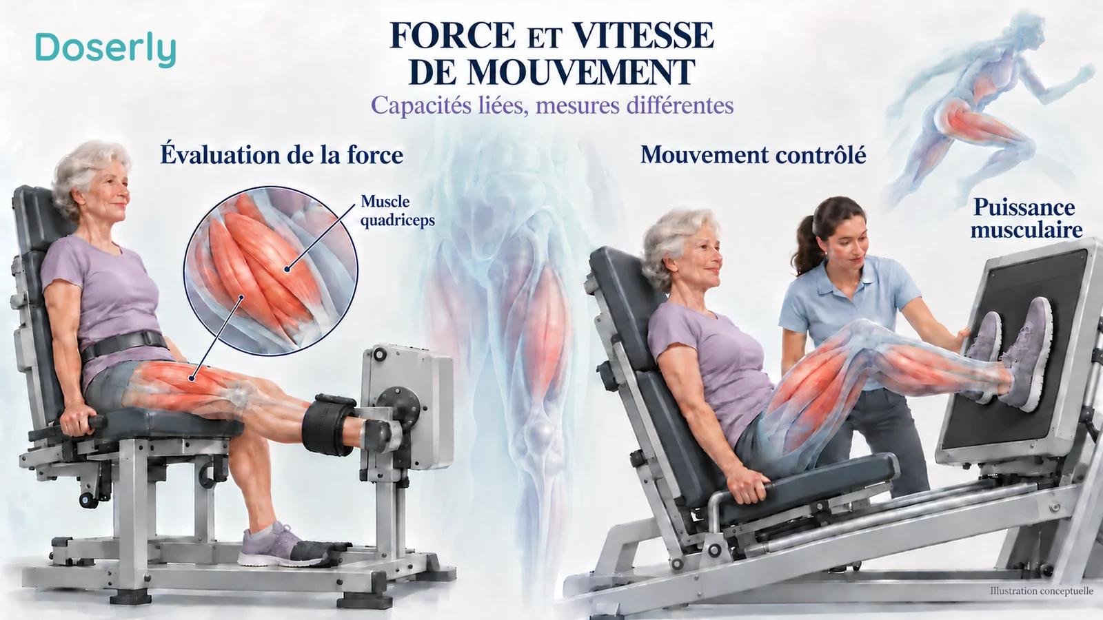 Illustration d’une évaluation de la force des jambes et d’une évaluation distincte de la vitesse de mouvement contrôlée, avec un encadré montrant un muscle.