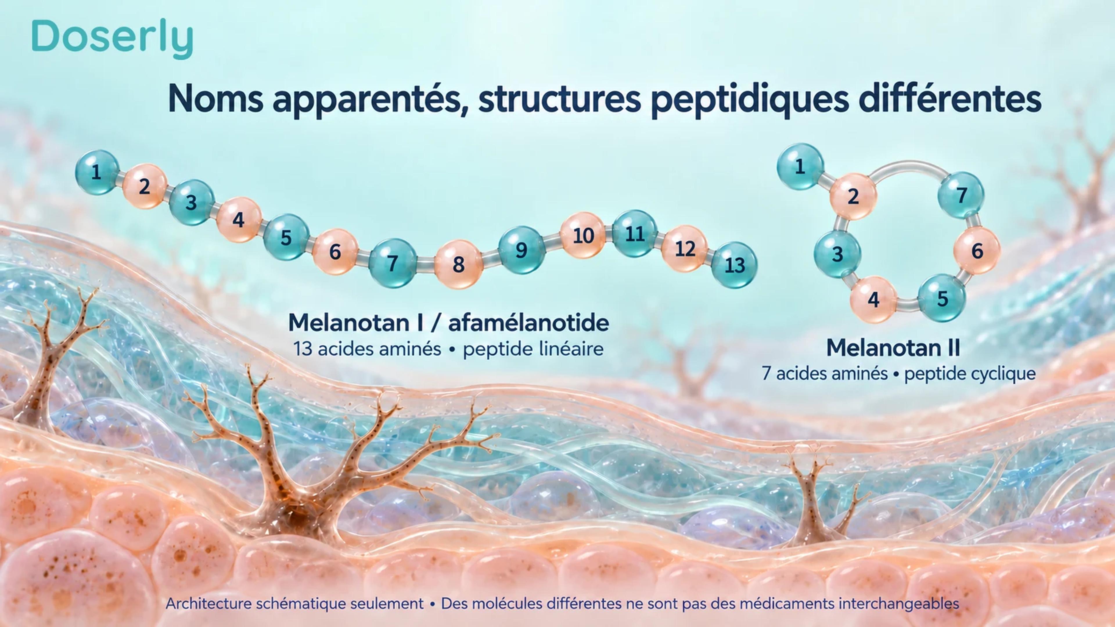 Comparaison conceptuelle de l’architecture peptidique linéaire de l’afamélanotide et cyclique du Melanotan II.