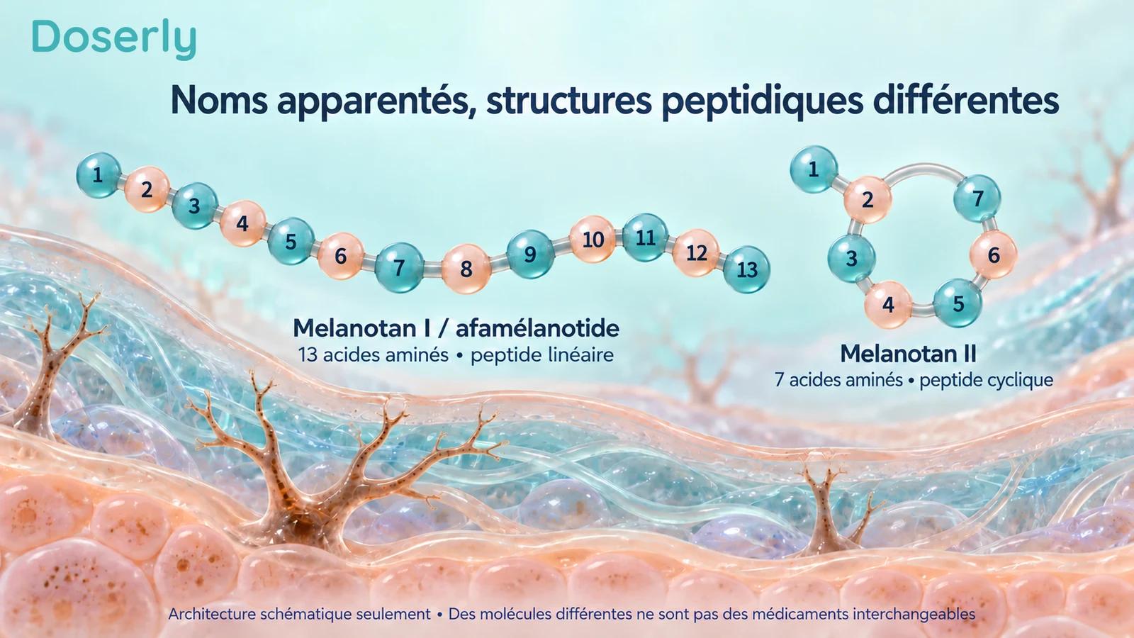Comparaison conceptuelle de l’architecture peptidique linéaire de l’afamélanotide et cyclique du Melanotan II.