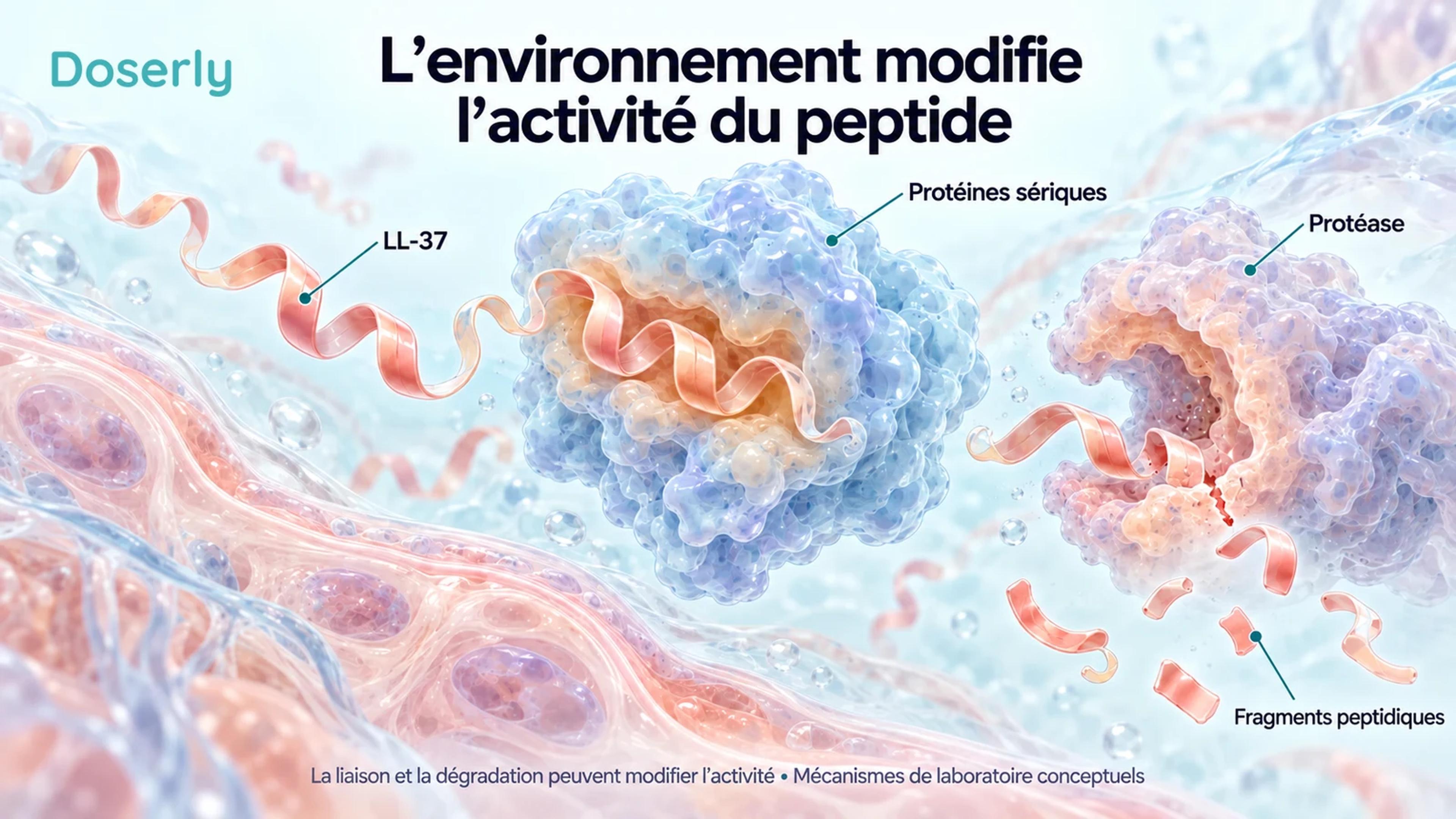Représentation conceptuelle du LL-37 en ruban à côté de protéines sériques, d’une protéase et de fragments peptidiques dans le liquide tissulaire.