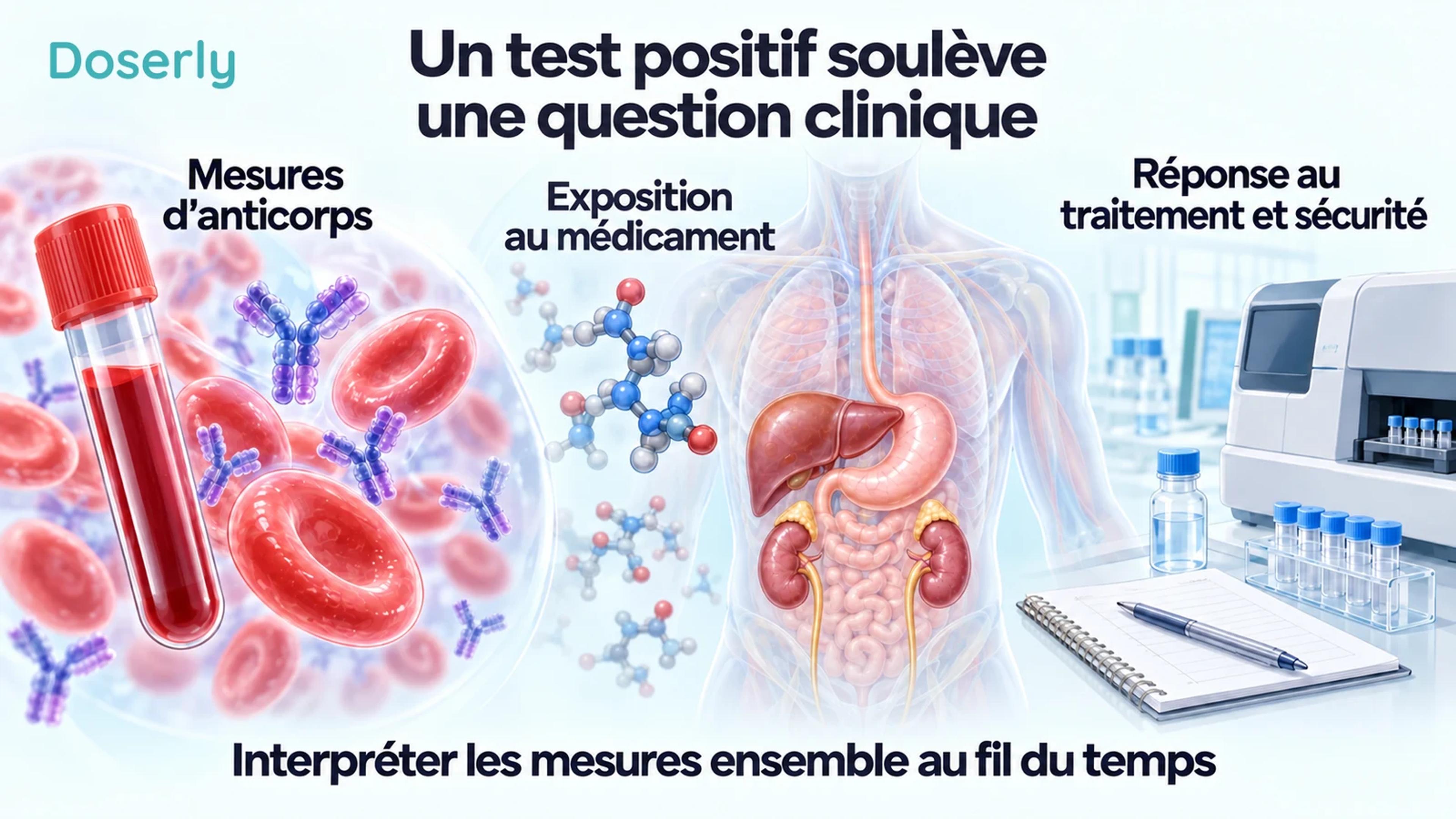 Prélèvement sanguin, imagerie moléculaire et anatomie illustrant les mesures des anticorps, de l’exposition et des résultats cliniques