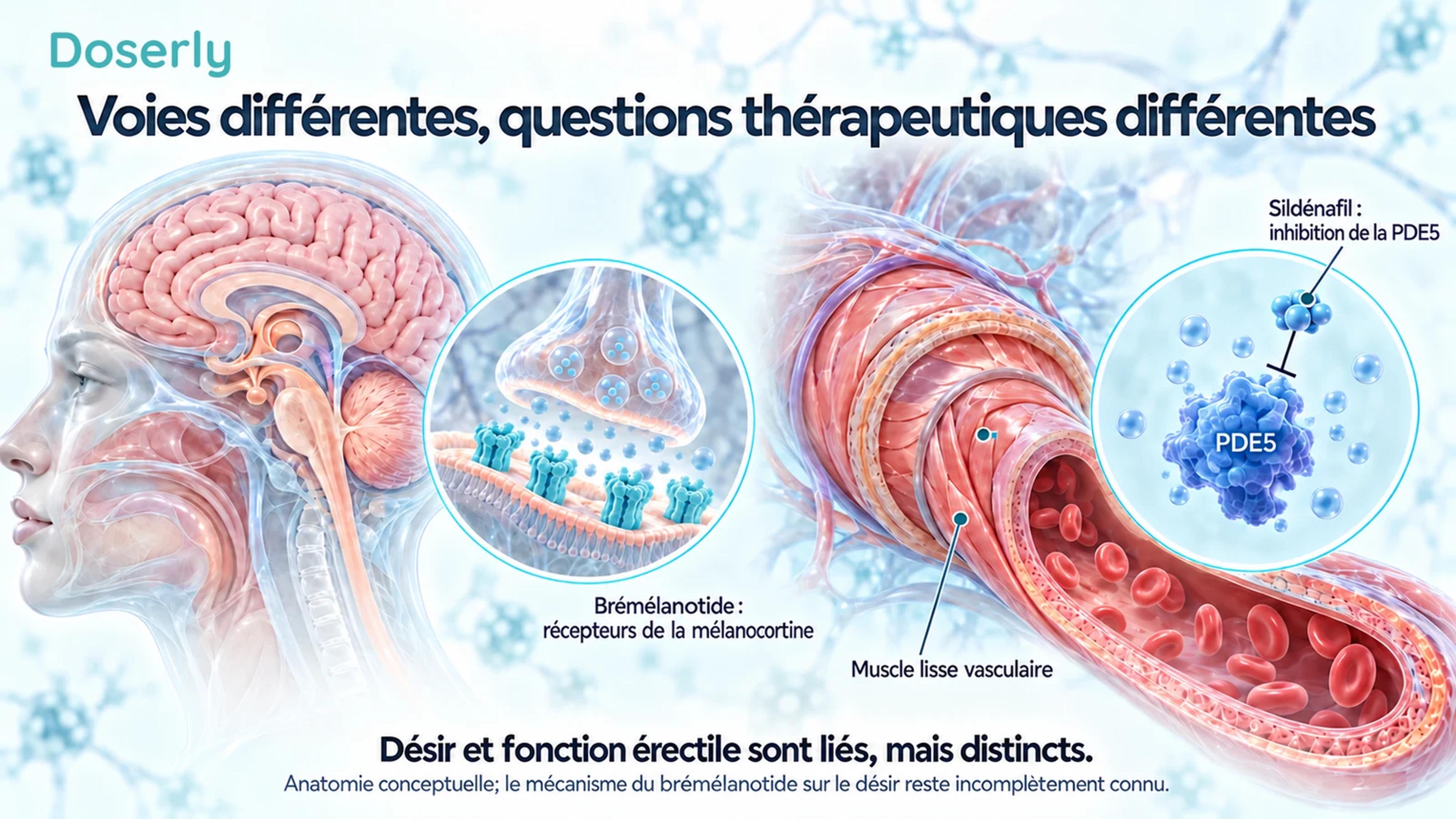 Illustration translucide du cerveau et d’un récepteur à côté de muscles lisses vasculaires et d’un encadré conceptuel sur l’inhibition de la PDE5.