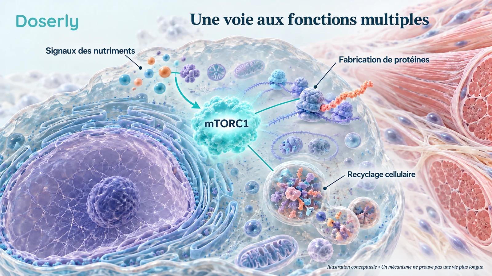 Représentation conceptuelle détaillée d’une cellule montrant la détection des nutriments, la fabrication de protéines et le recyclage cellulaire, à côté de fibres musculaires squelettiques.