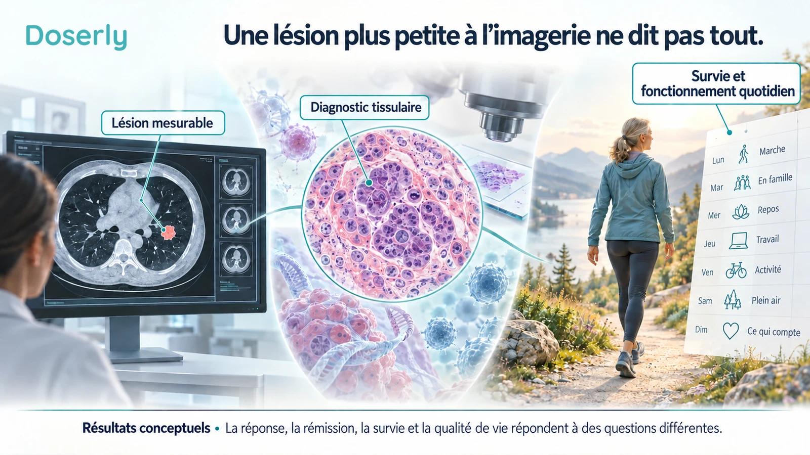 Comparaison conceptuelle d’une lésion mesurable à l’imagerie, d’un diagnostic tissulaire et du fonctionnement quotidien pour expliquer différents résultats en cancérologie.