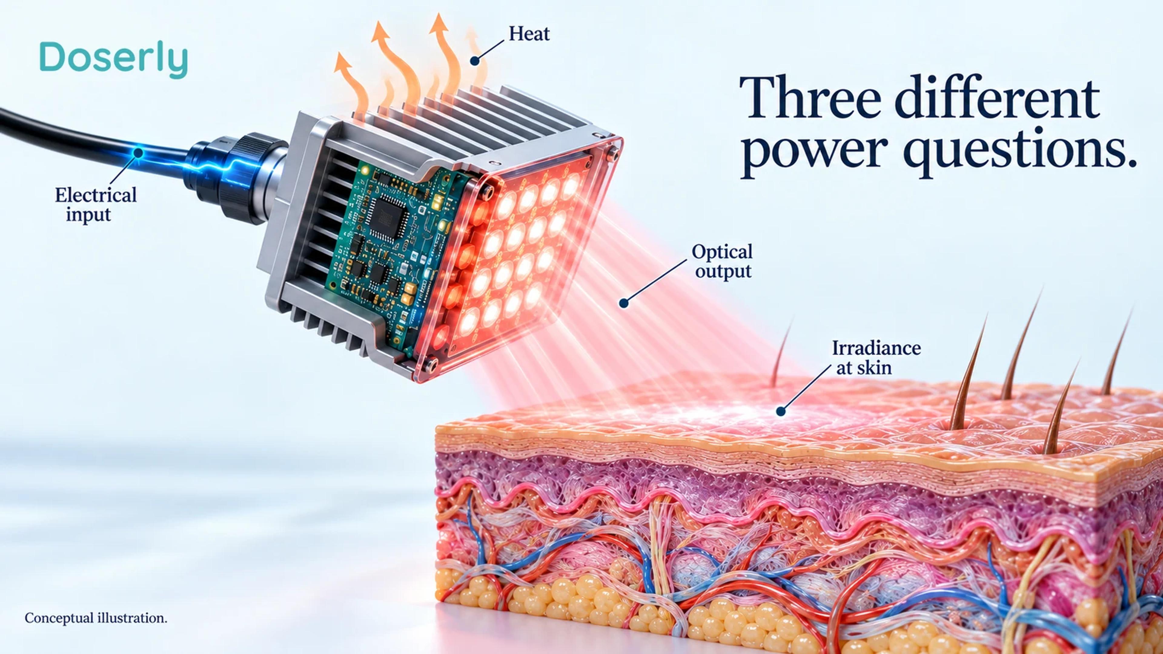 An LED assembly separates electrical input, emitted optical light and heat paths beside a tissue receiving surface.