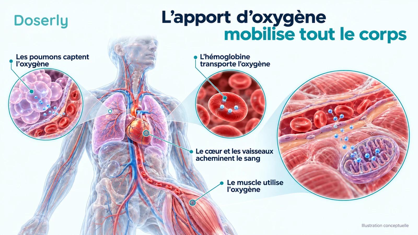 Une illustration reliant les poumons au cœur puis au muscle suit la fixation de l’oxygène, son transport sanguin et son utilisation musculaire.