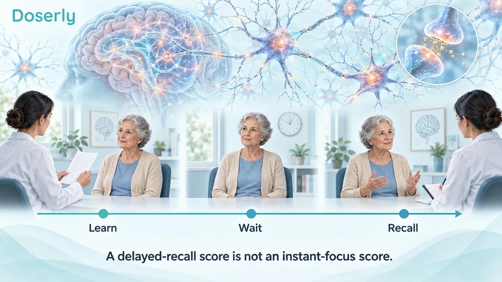 An older adult learns information, waits and recalls it in an illustrated testing sequence with conceptual neuron imagery.