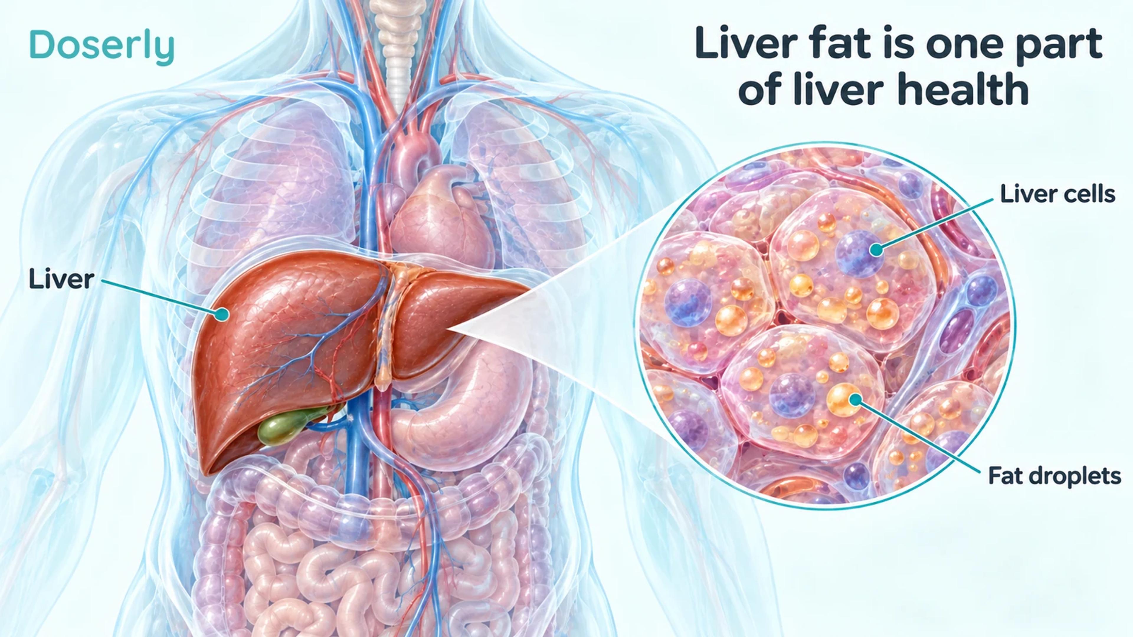 Liver in a translucent torso with enlarged liver cells and intracellular fat droplets