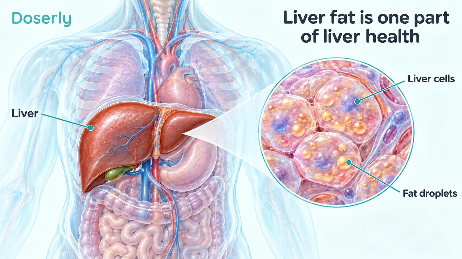 Liver in a translucent torso with enlarged liver cells and intracellular fat droplets