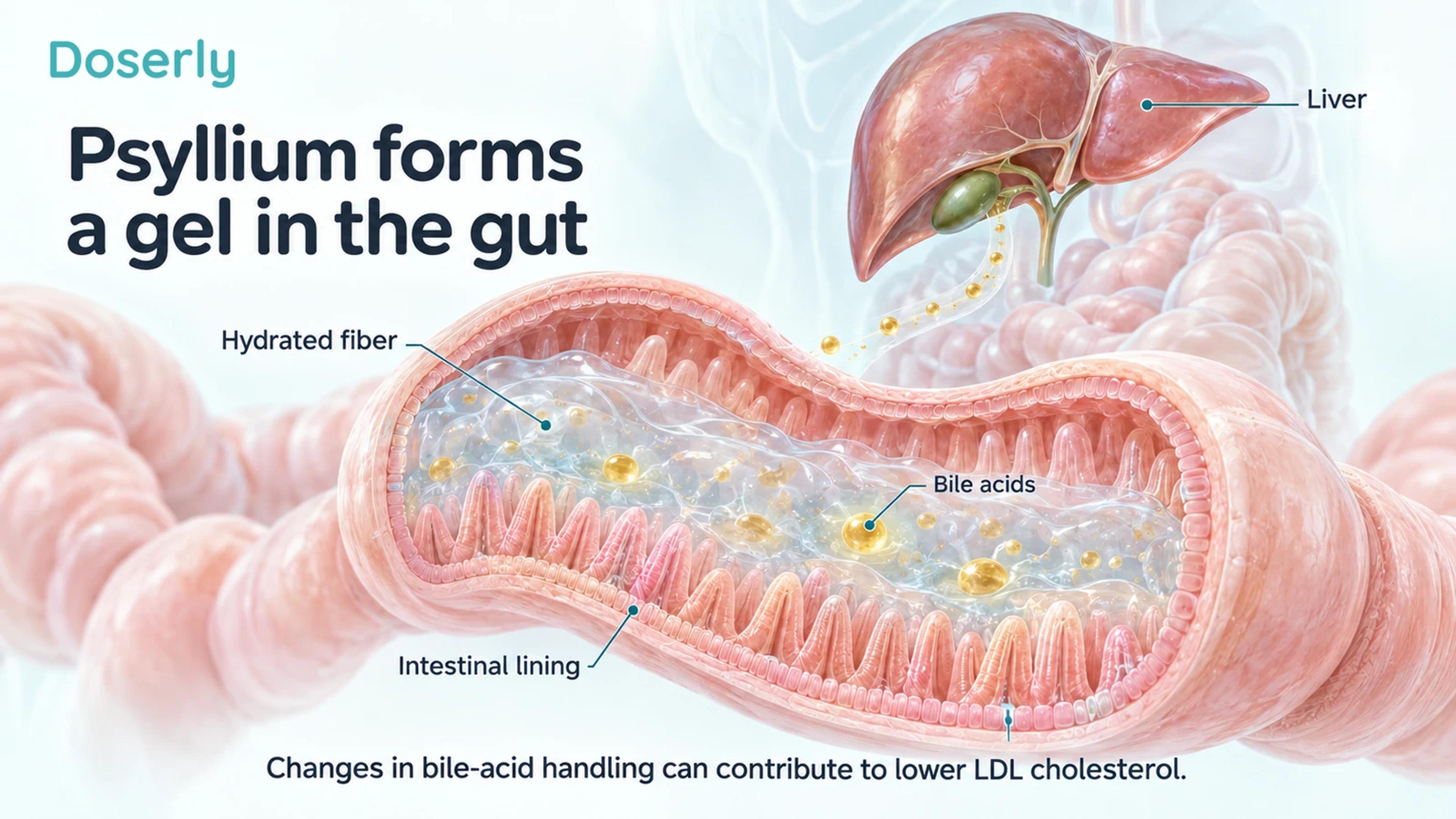 Hydrated psyllium gel inside a conceptual intestinal segment with bile acids and a separate liver illustration.