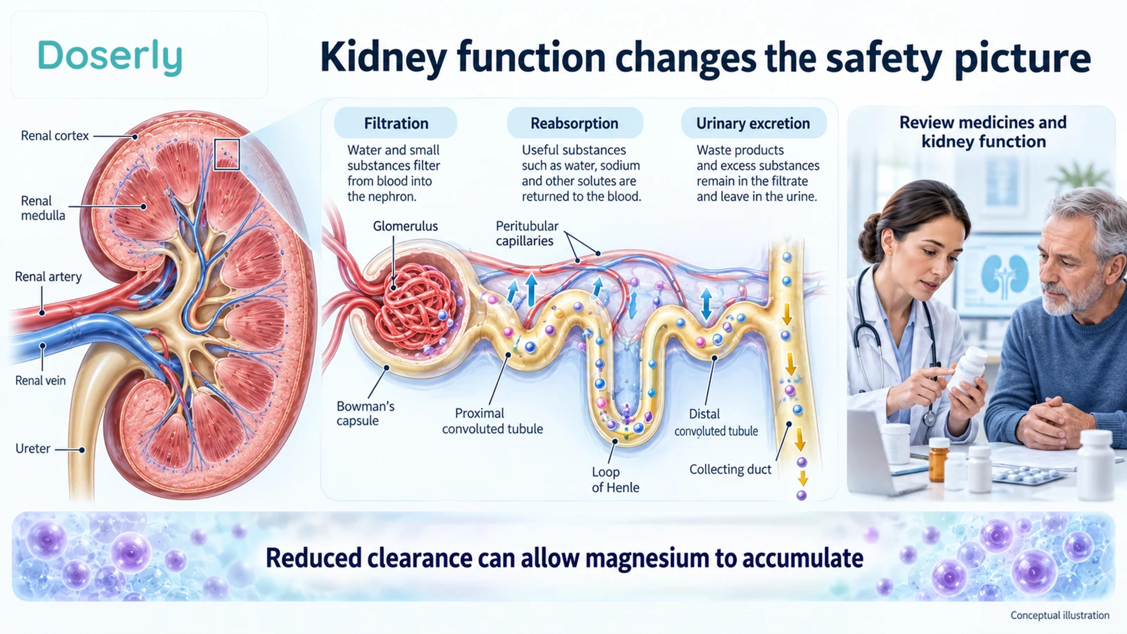 Kidney and nephron anatomy accompanies a clinician-patient medication review, illustrating why renal clearance matters for magnesium safety.