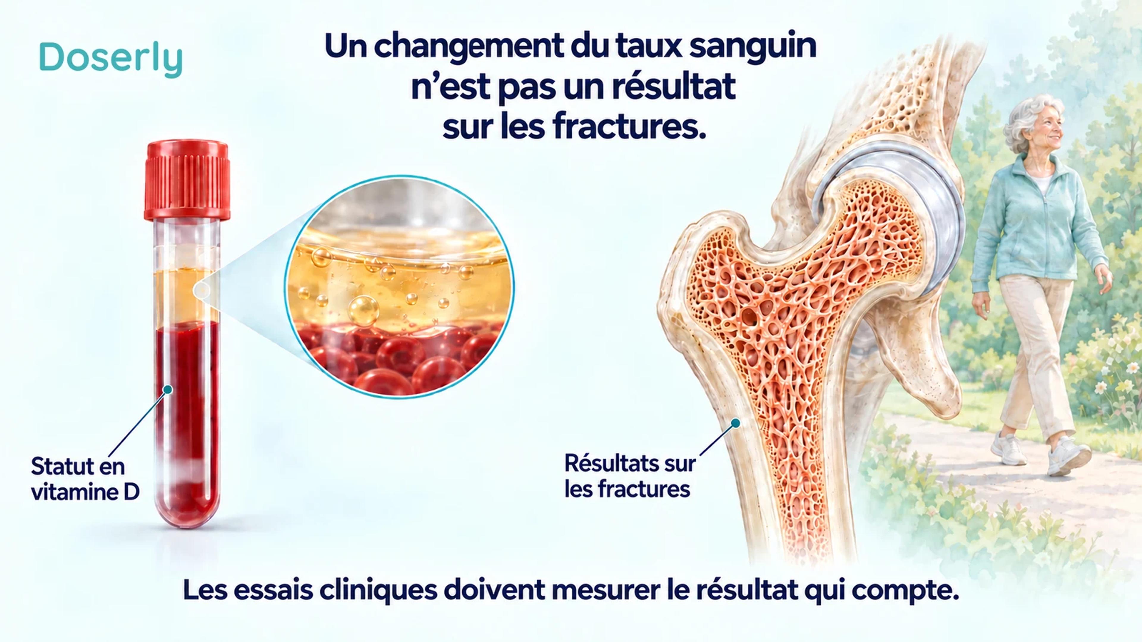 Un échantillon sanguin représentant le statut en vitamine D est montré séparément d’un os de la hanche détaillé et d’une personne âgée, pour distinguer la réponse au laboratoire des résultats sur les fractures.