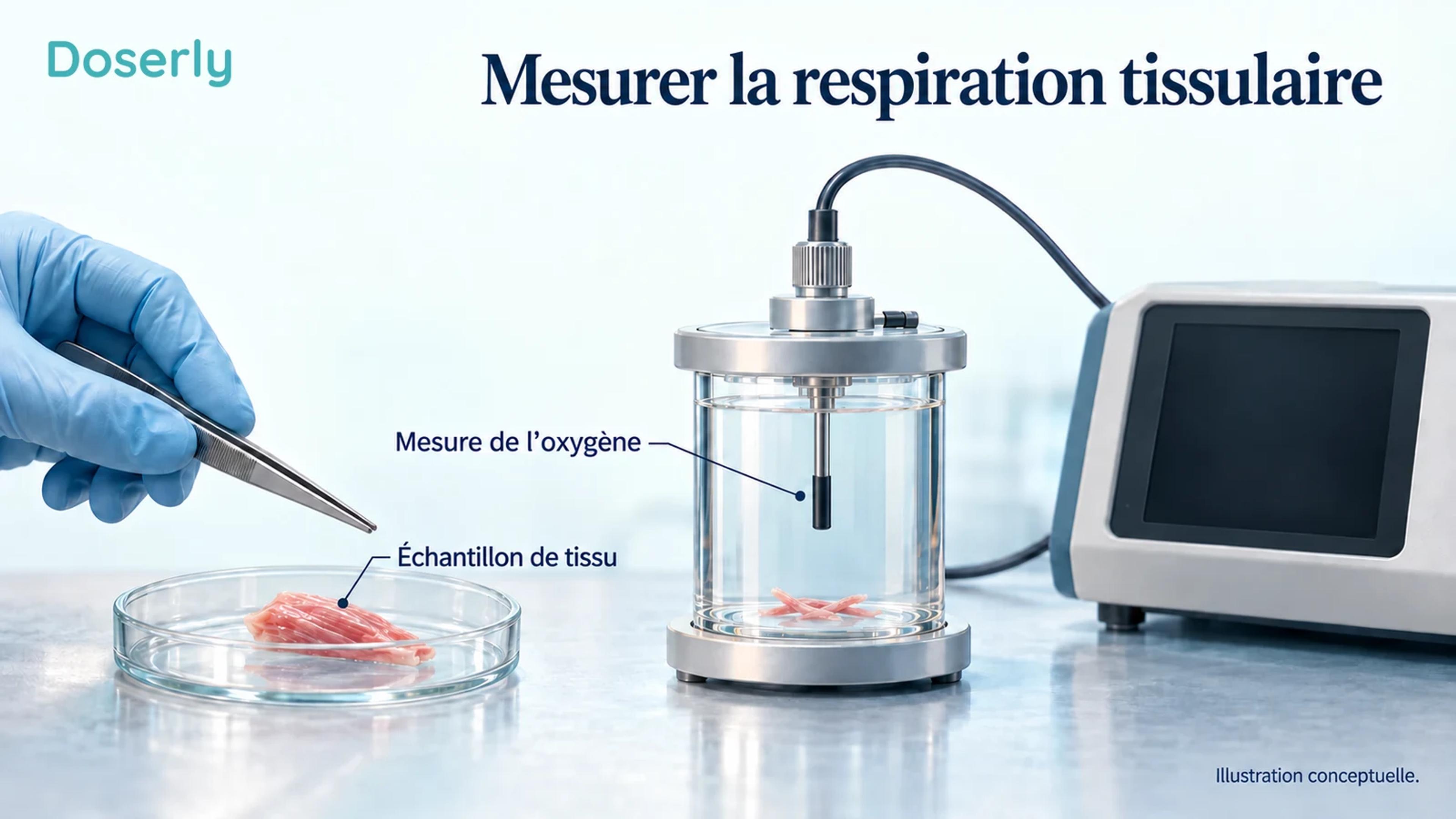 Illustration conceptuelle de laboratoire montrant séparément un petit échantillon de tissu, une chambre de mesure de l’oxygène et du matériel d’analyse, sans résultats affichés.