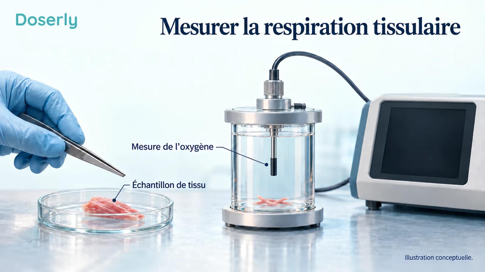 Illustration conceptuelle de laboratoire montrant séparément un petit échantillon de tissu, une chambre de mesure de l’oxygène et du matériel d’analyse, sans résultats affichés.