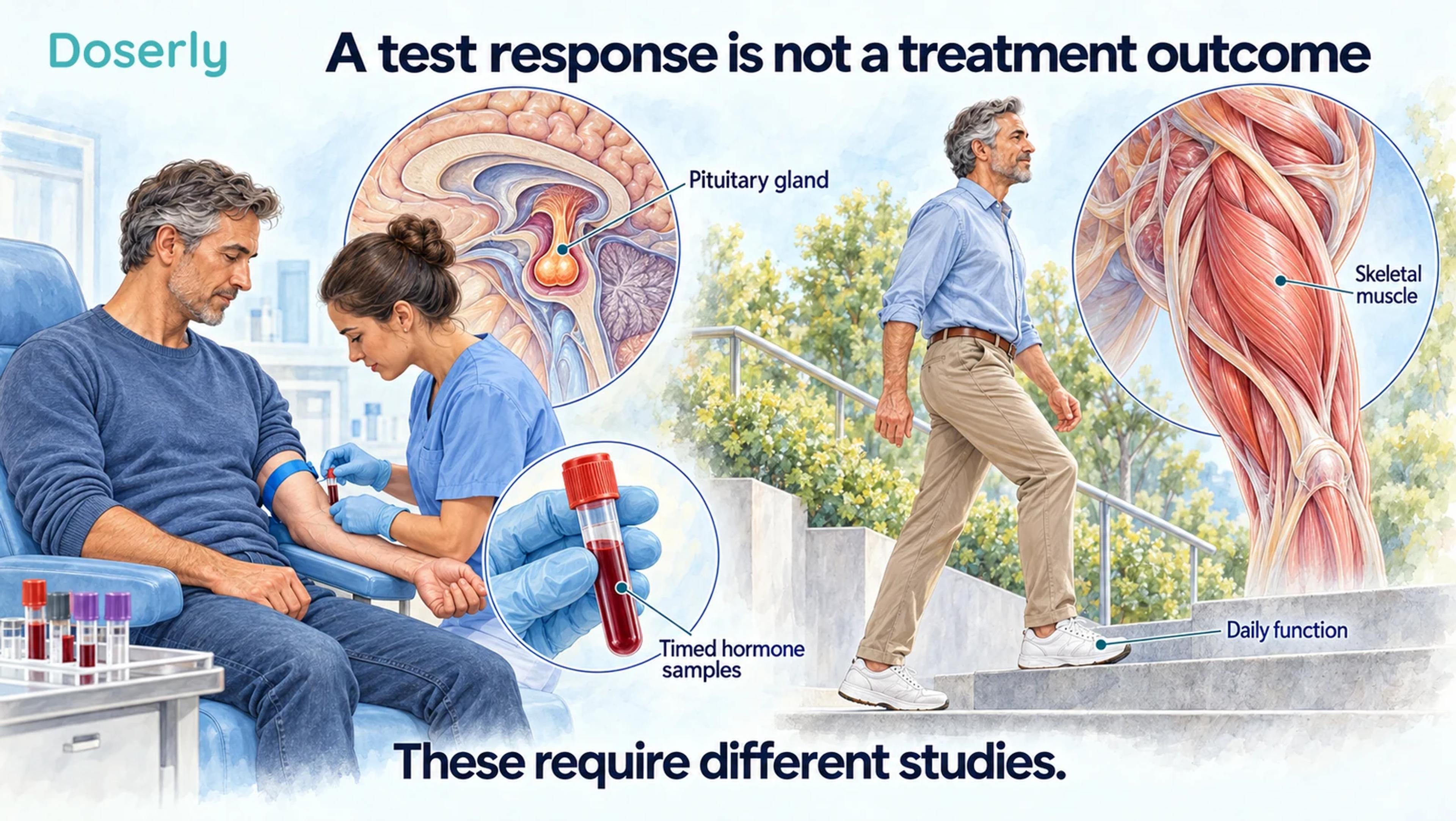 A clinical blood-sampling scene beside a separate adult walking on stairs.