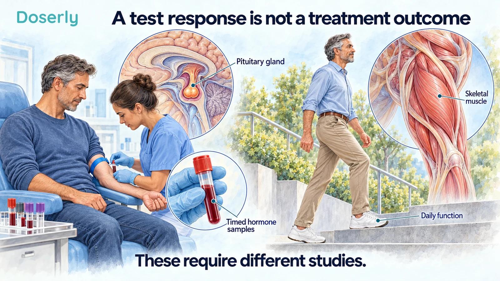 A clinical blood-sampling scene beside a separate adult walking on stairs.