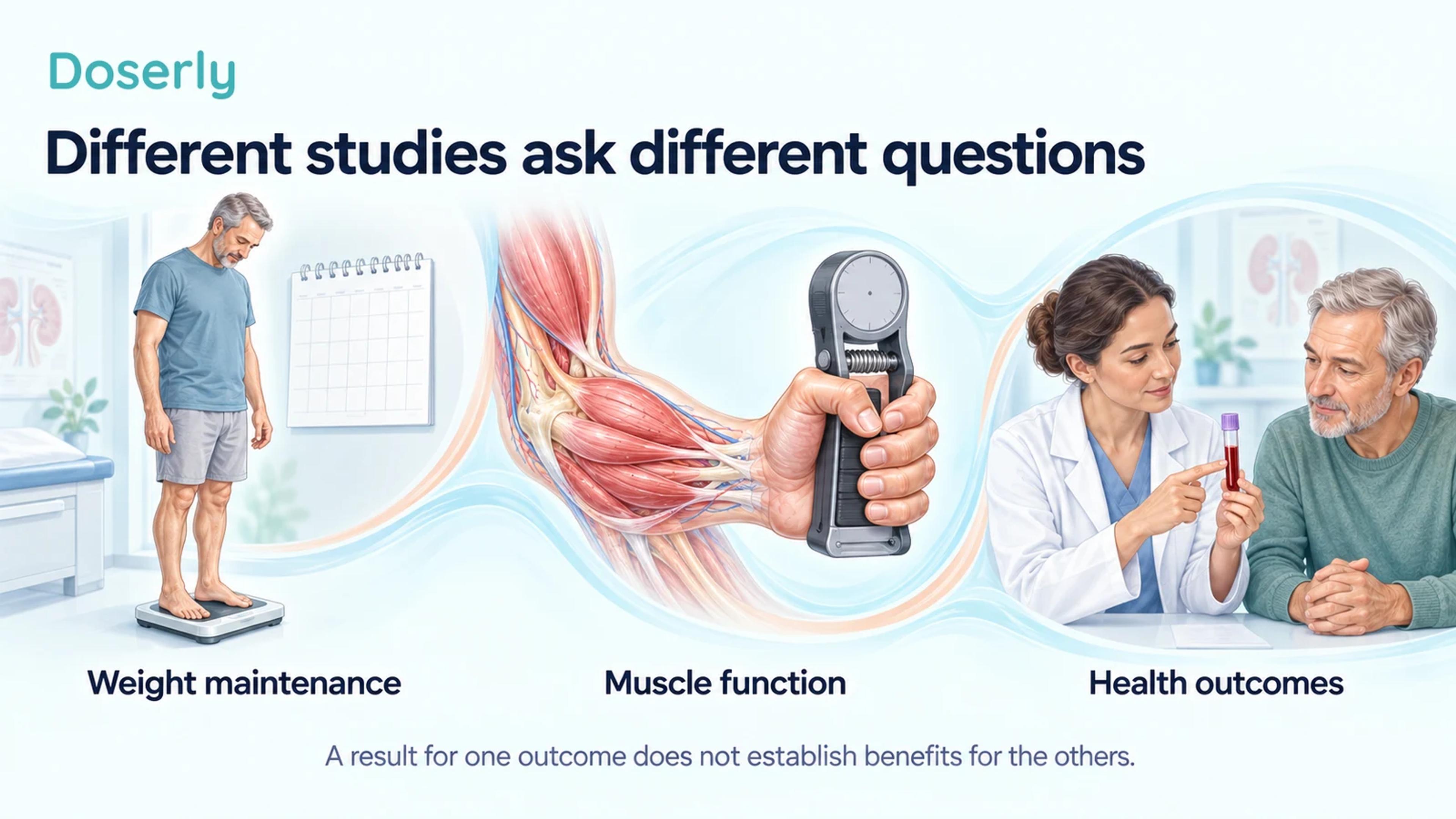 Weight follow-up, a muscle-strength measurement and a clinical laboratory discussion illustrate different questions for research.