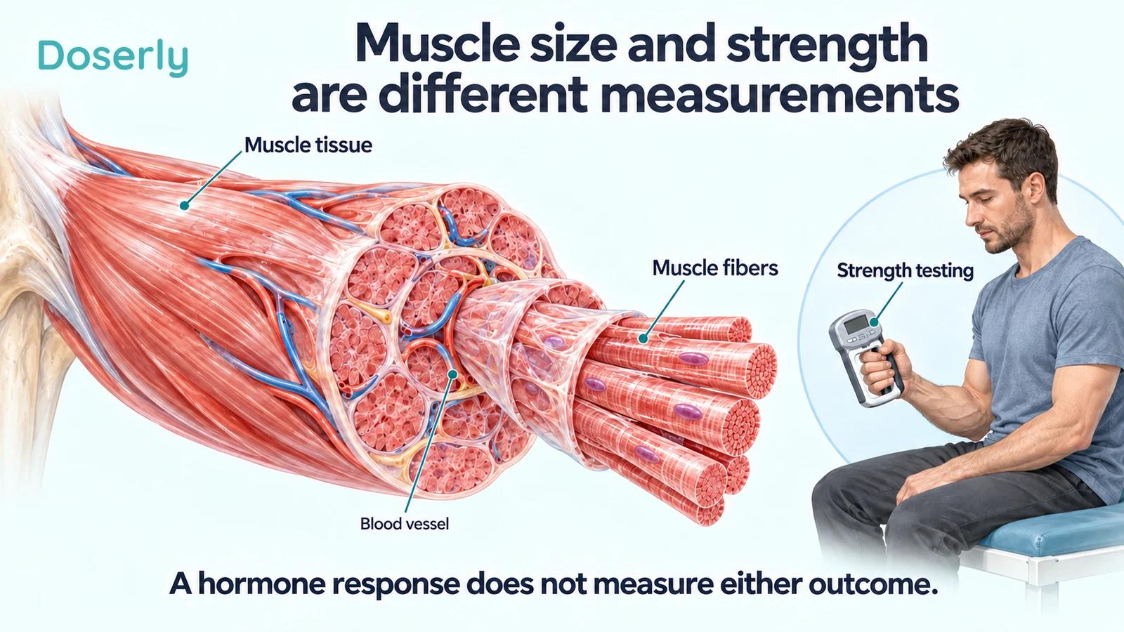 Detailed skeletal-muscle fibers beside an adult undergoing handgrip strength testing.