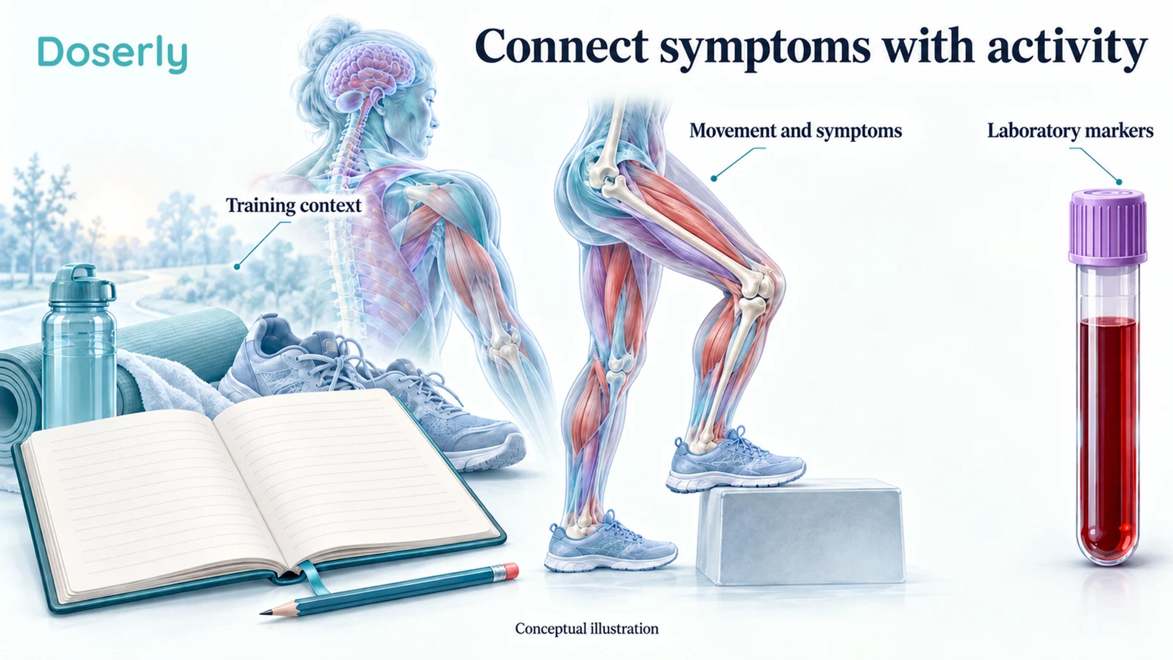 Illustrated training diary beside a leg performing a controlled movement and a separate blood sample, without numerical results.