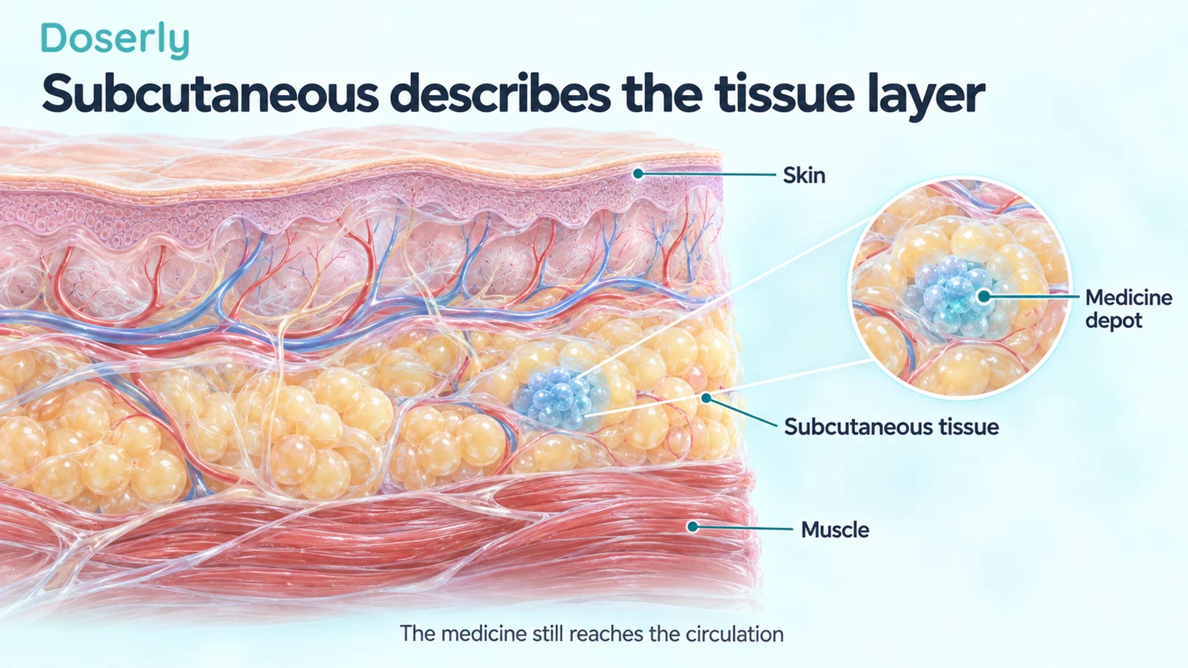 A detailed skin section shows the subcutaneous fat layer above muscle, with a small medicine depot located within the subcutaneous tissue.