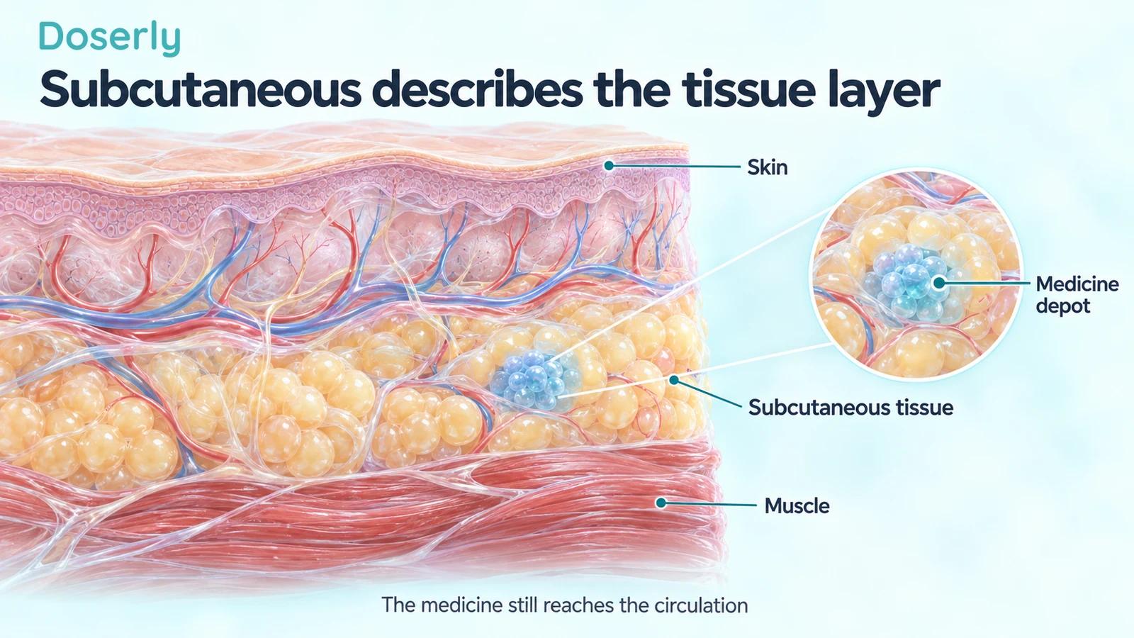A detailed skin section shows the subcutaneous fat layer above muscle, with a small medicine depot located within the subcutaneous tissue.