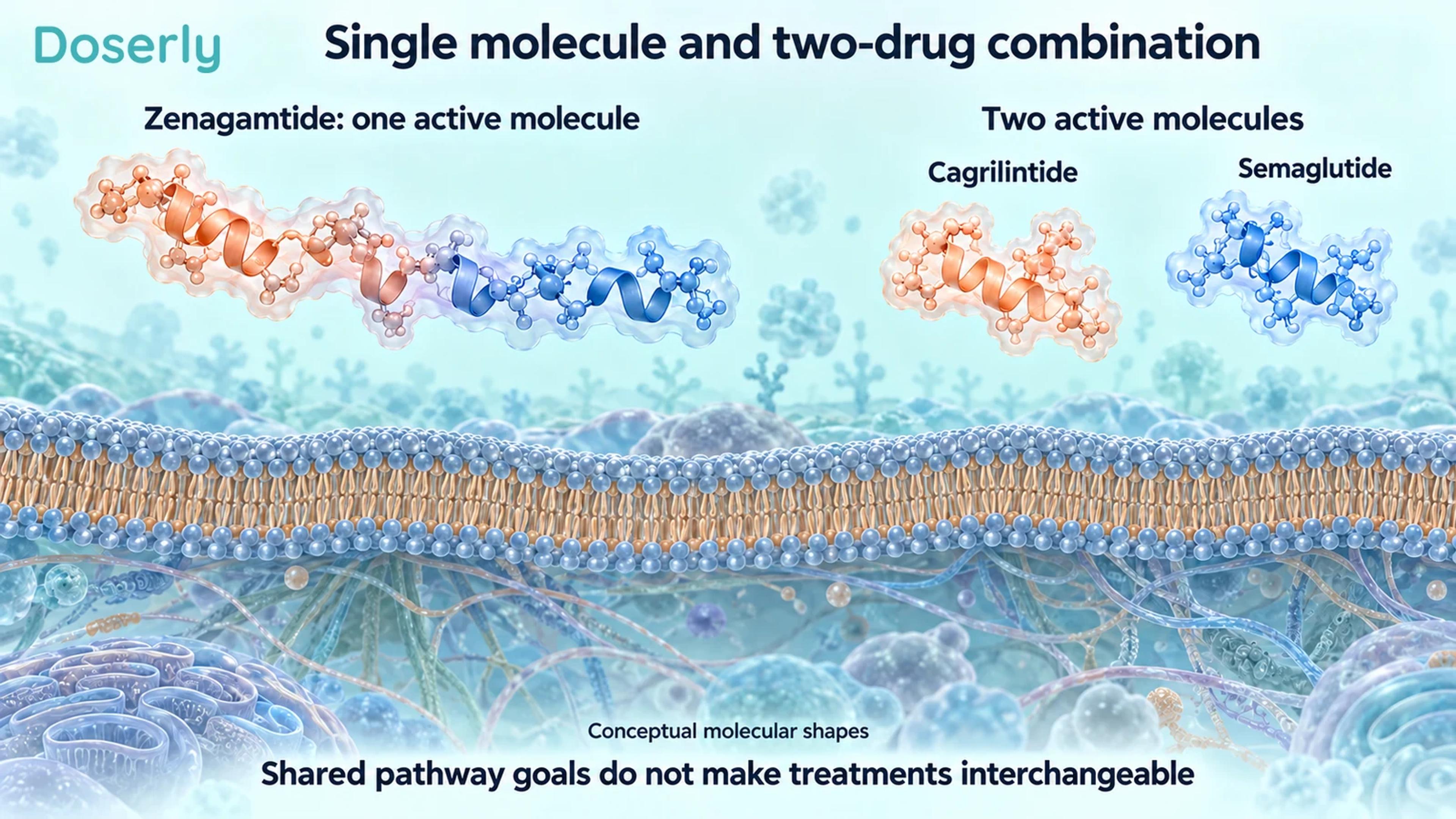 One connected conceptual zenagamtide molecule beside separate cagrilintide and semaglutide molecules.
