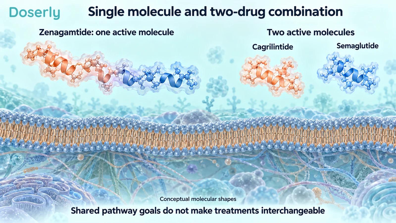 One connected conceptual zenagamtide molecule beside separate cagrilintide and semaglutide molecules.