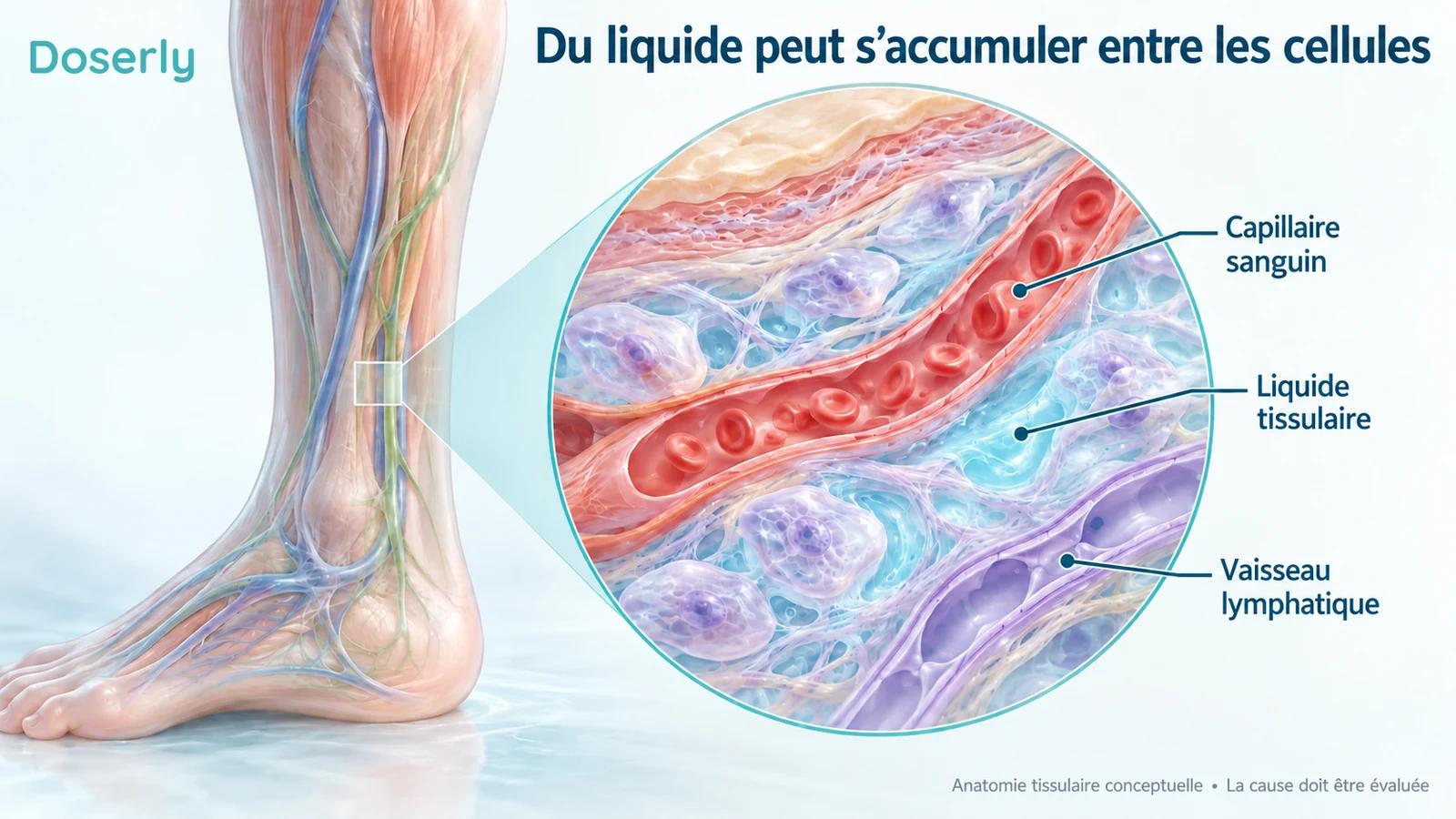 Un modèle pédagogique du bas de la jambe et un compartiment tissulaire agrandi montrent du liquide à l’extérieur des vaisseaux sanguins.