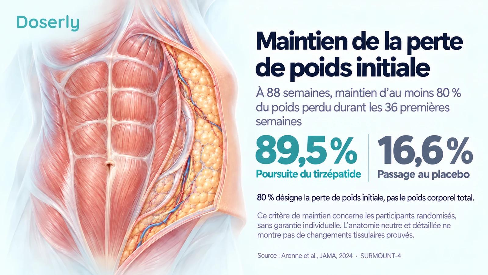 Une illustration neutre des tissus abdominaux accompagne le résultat de maintien de SURMOUNT-4 : 89,5 % avec la poursuite du tirzépatide et 16,6 % après le passage au placebo.