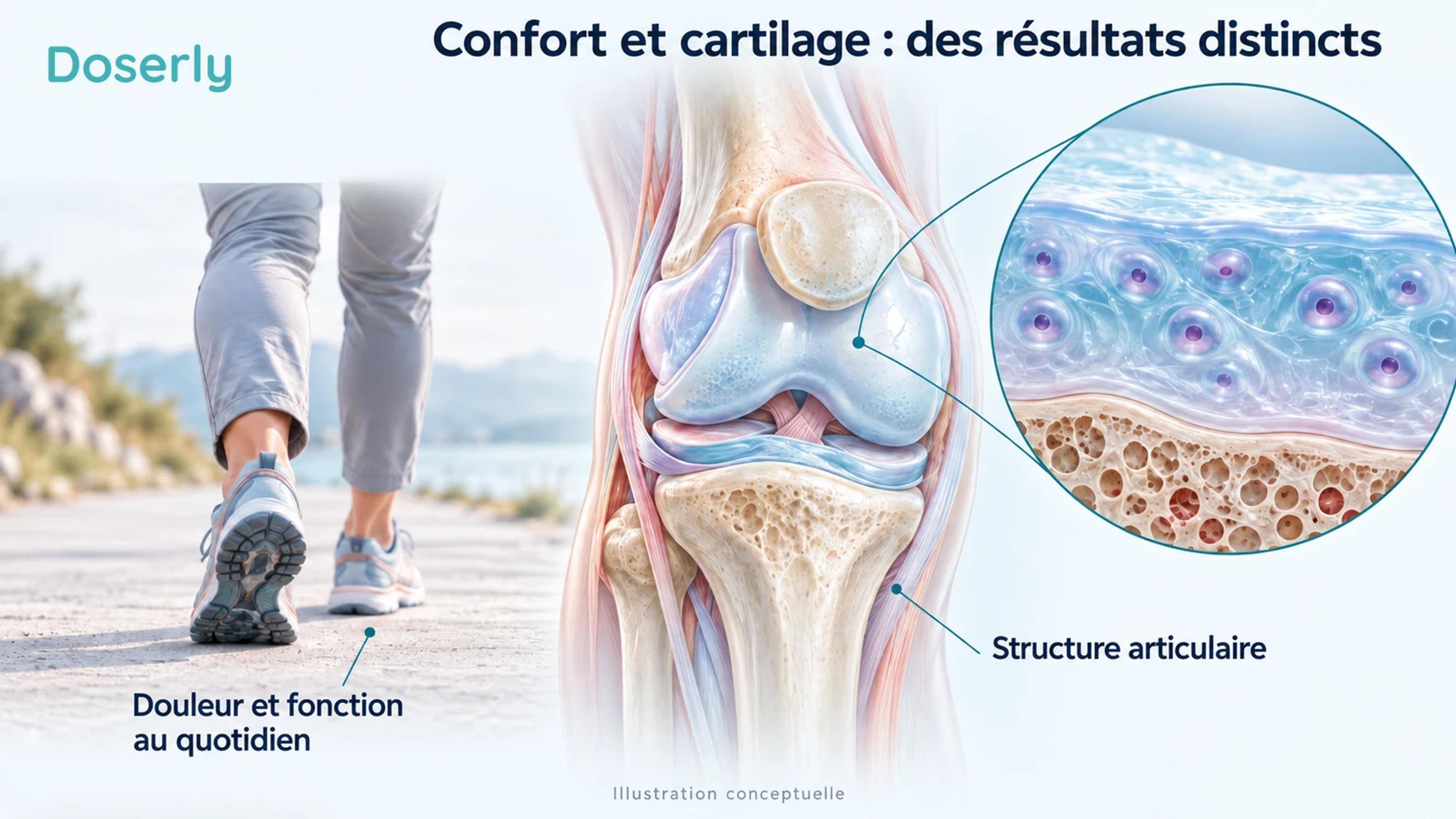 Illustration conceptuelle détaillée du cartilage du genou et de la membrane articulaire à côté d’une évaluation distincte de la marche, sans comparaison des tissus avant et après.