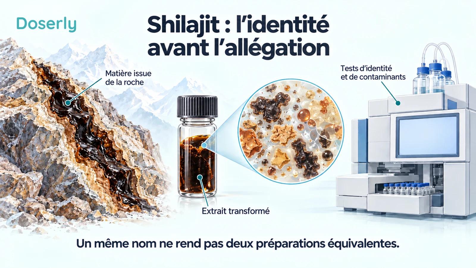 Illustration d’une résine issue de la roche, d’un échantillon d’extrait transformé et de matériel de laboratoire expliquant l’identité du produit et les tests.