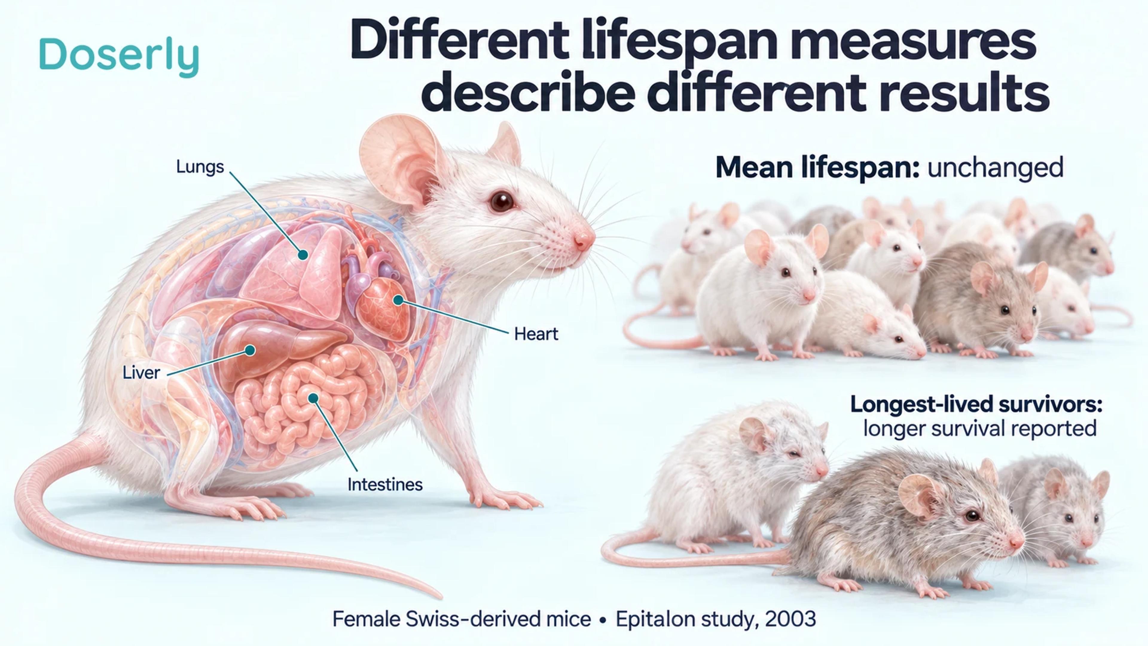 A conceptual female laboratory mouse with organ anatomy beside groups illustrating whole-population and longest-lived-survivor measures.