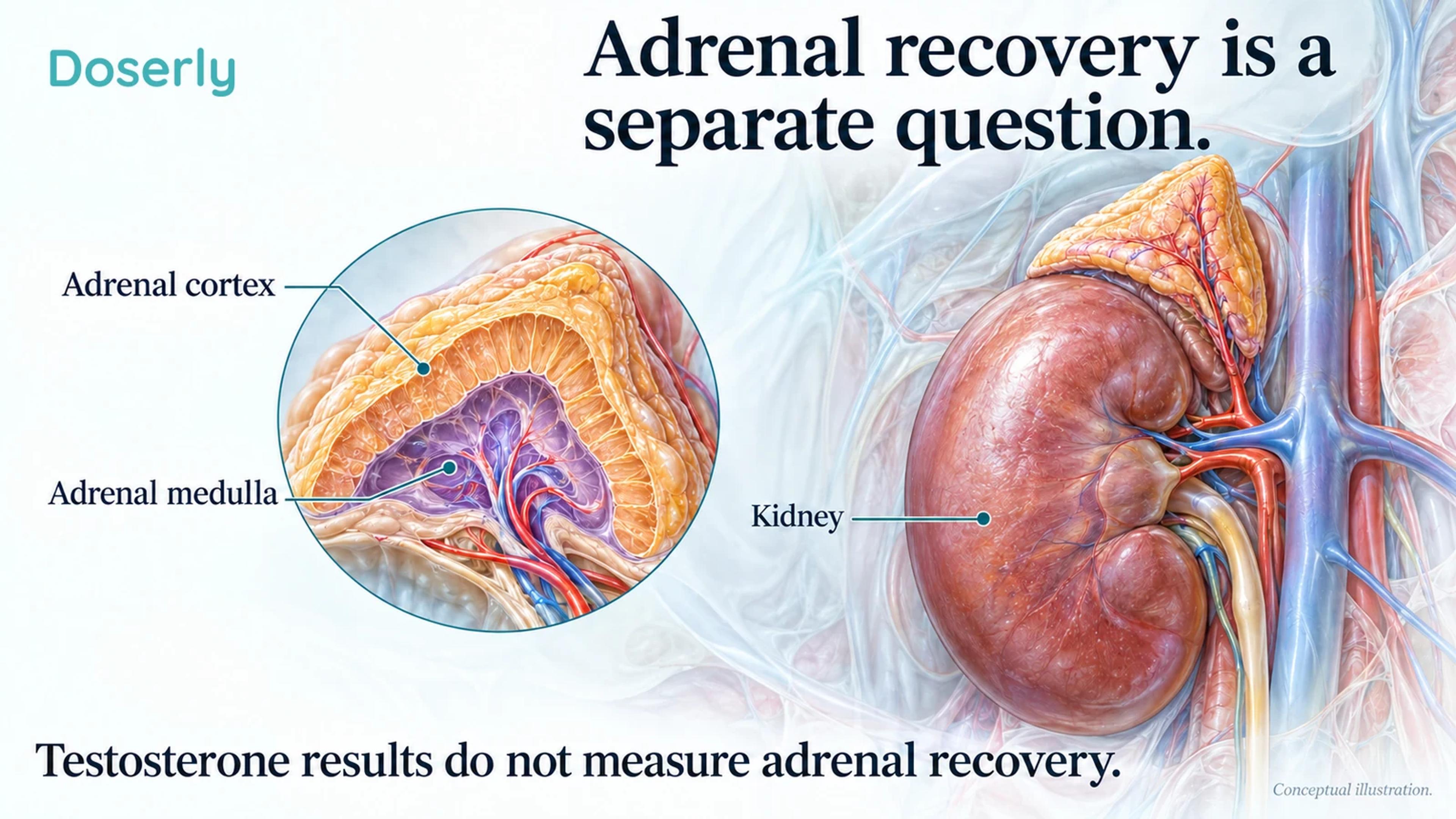 Conceptual kidney and adrenal anatomy highlights the adrenal cortex and medulla.