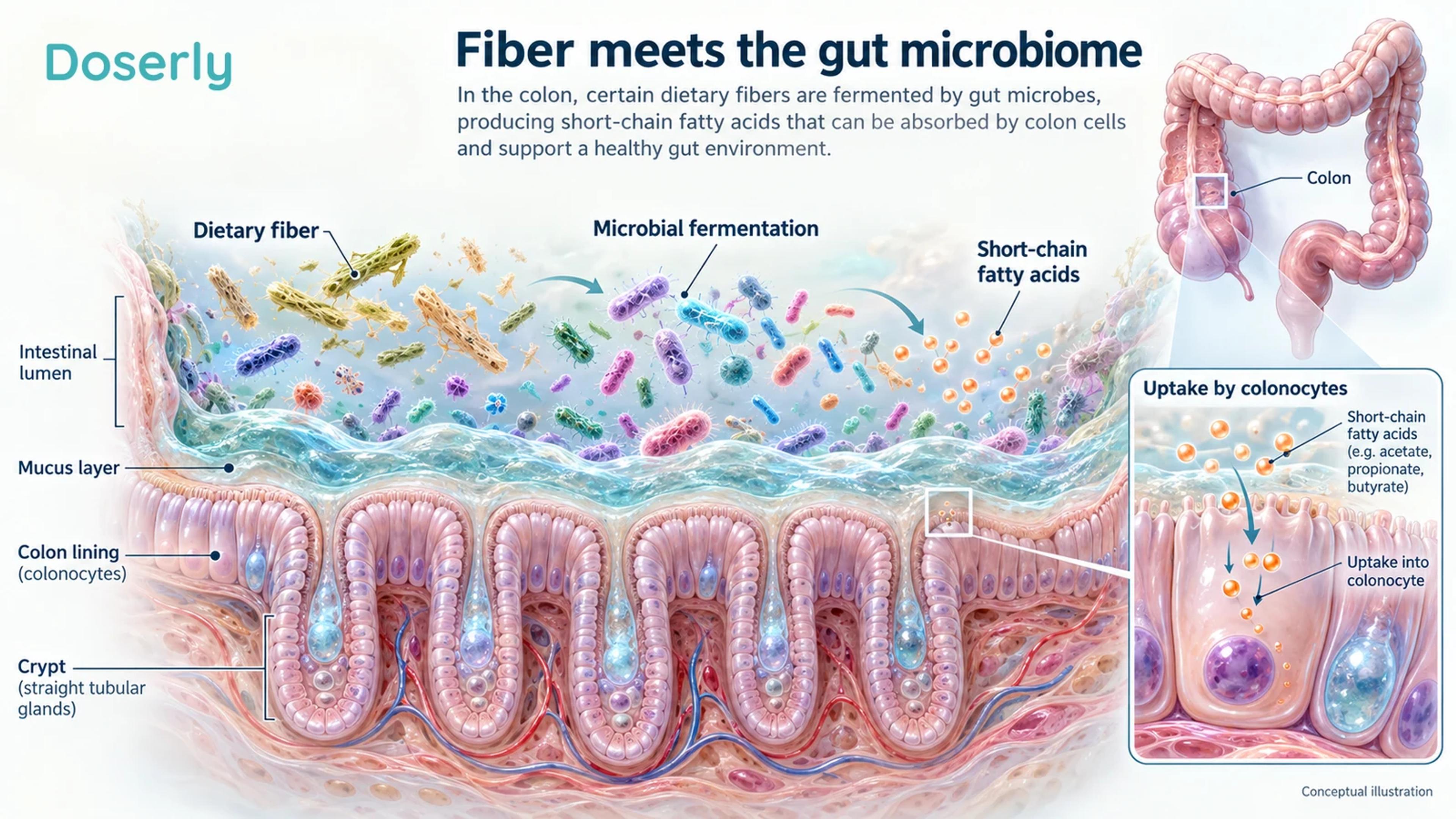 Conceptual colon cutaway showing dietary fiber, microbes above a mucus layer, short-chain fatty acids and uptake by colon lining cells.